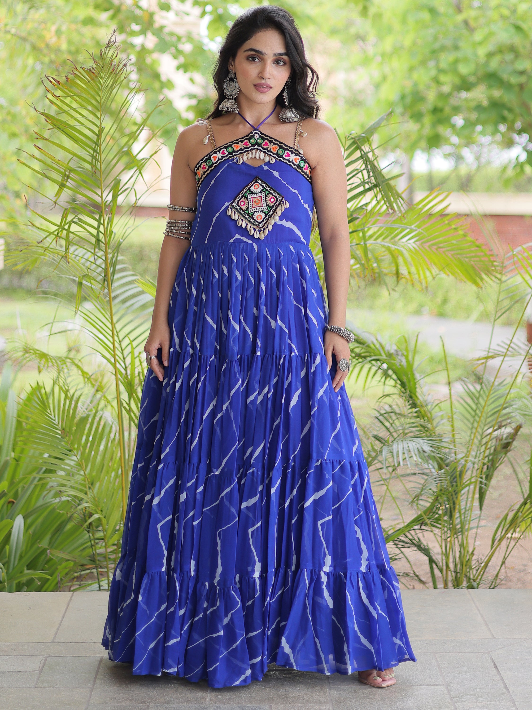 Fabulous Royal Blue Laheriya Printed Georgette Navratri Wear Gowna