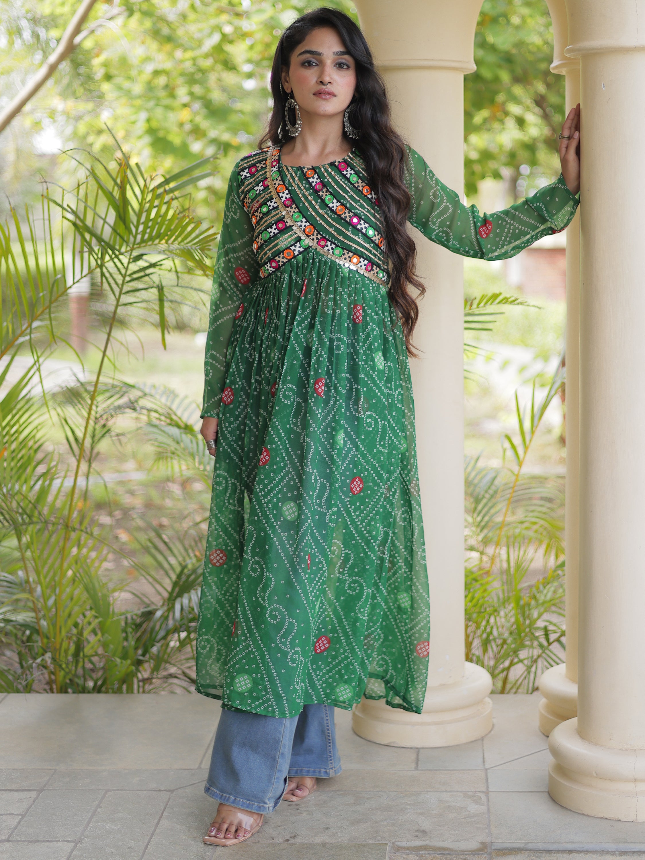 Stunning Green Patch Work Georgette Navratri Special Kurti