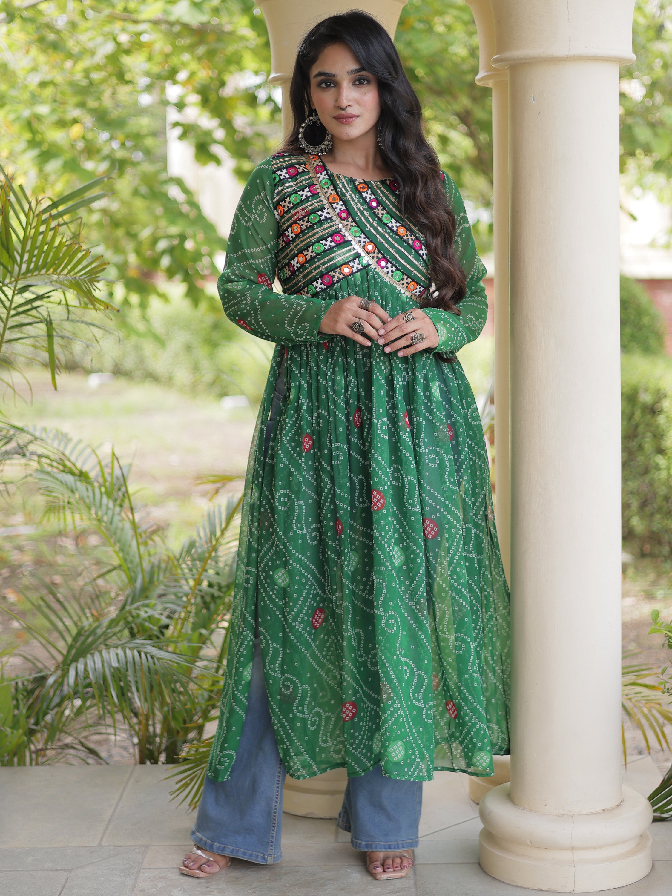 Stunning Green Patch Work Georgette Navratri Special Kurti