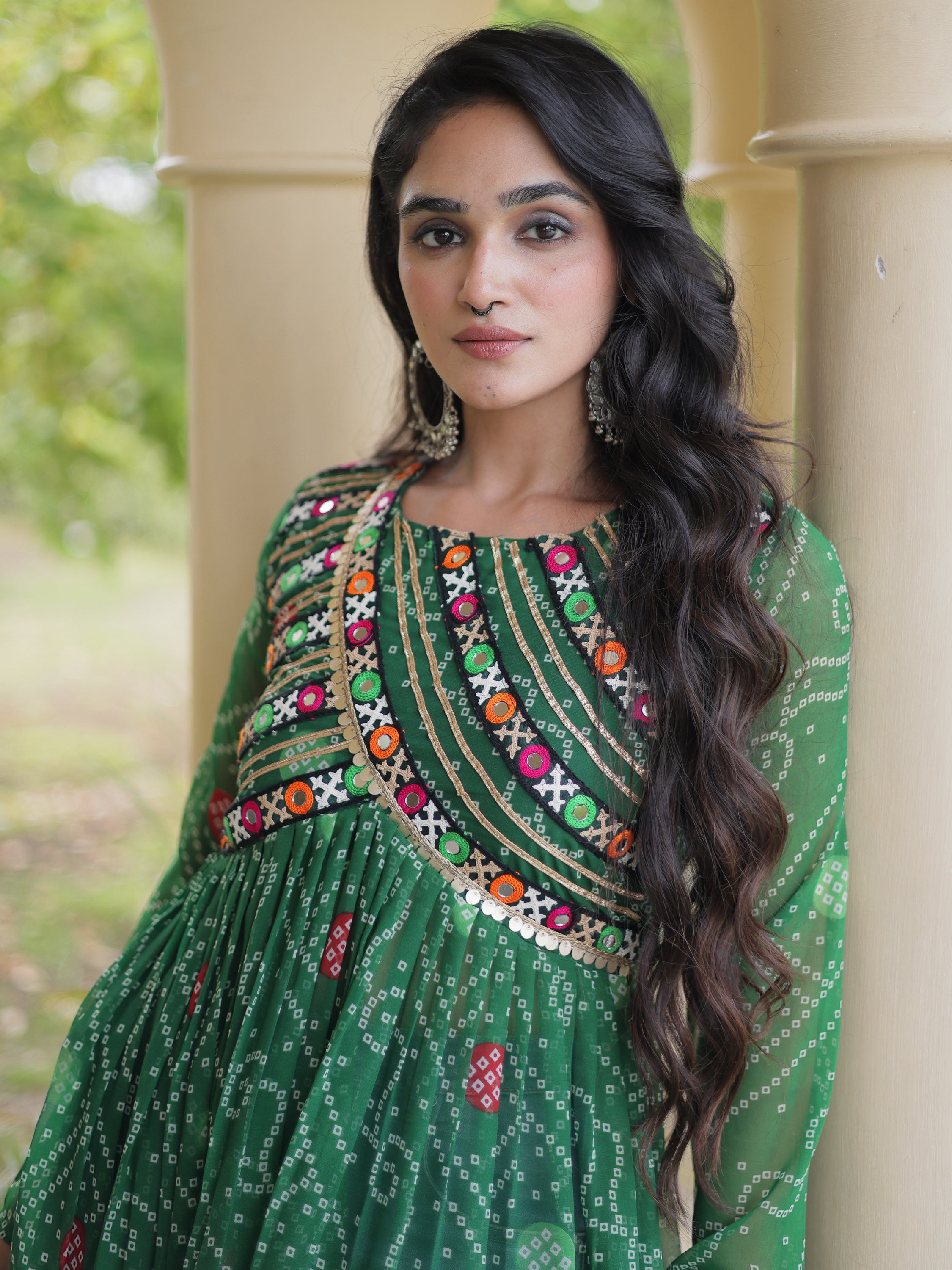Stunning Green Patch Work Georgette Navratri Special Kurti
