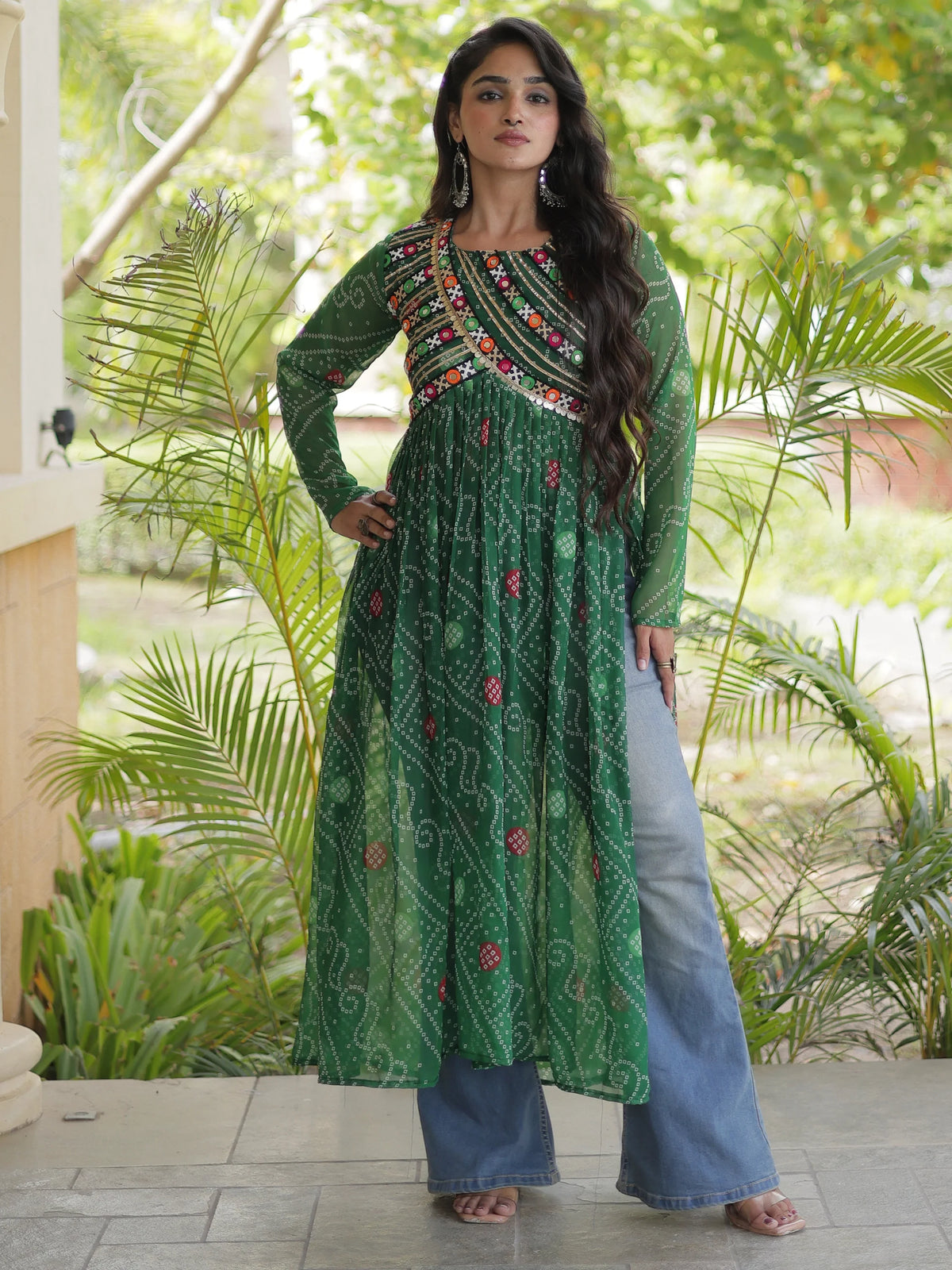 Stunning Green Patch Work Georgette Navratri Special Kurti