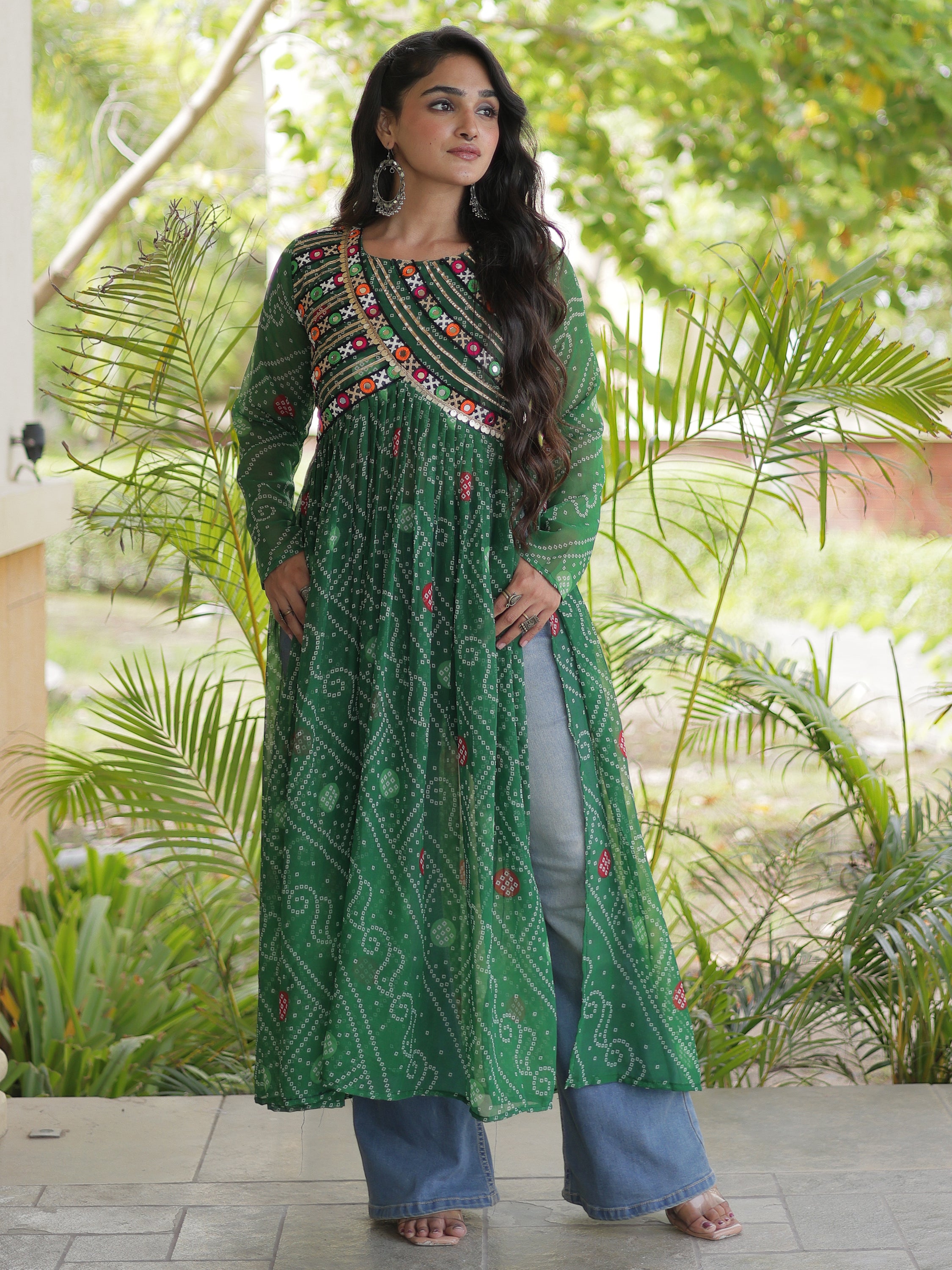 Stunning Green Patch Work Georgette Navratri Special Kurti