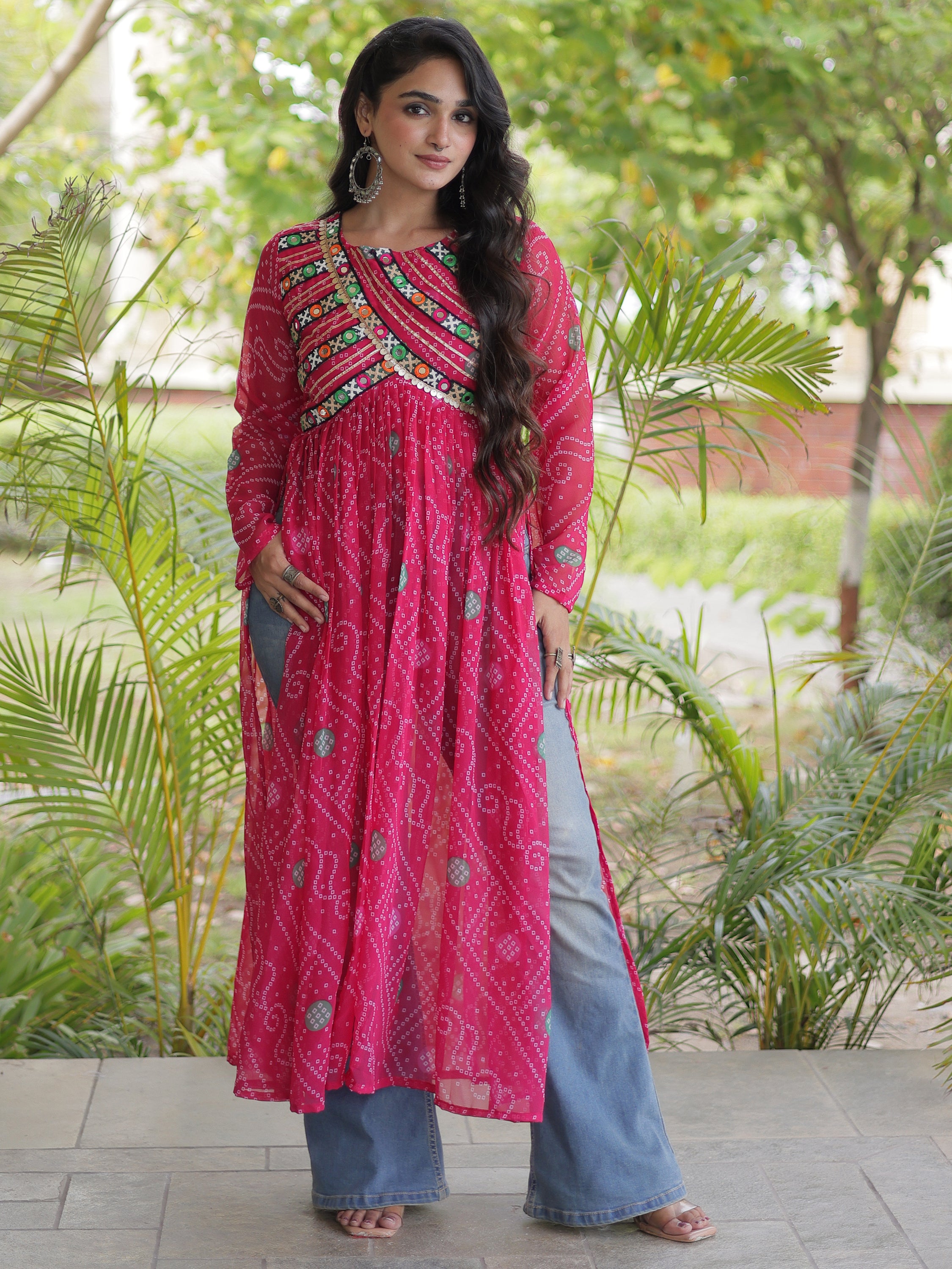 Lovely Pink Kutchi Patch Work Georgette Navratri Wear Kurti