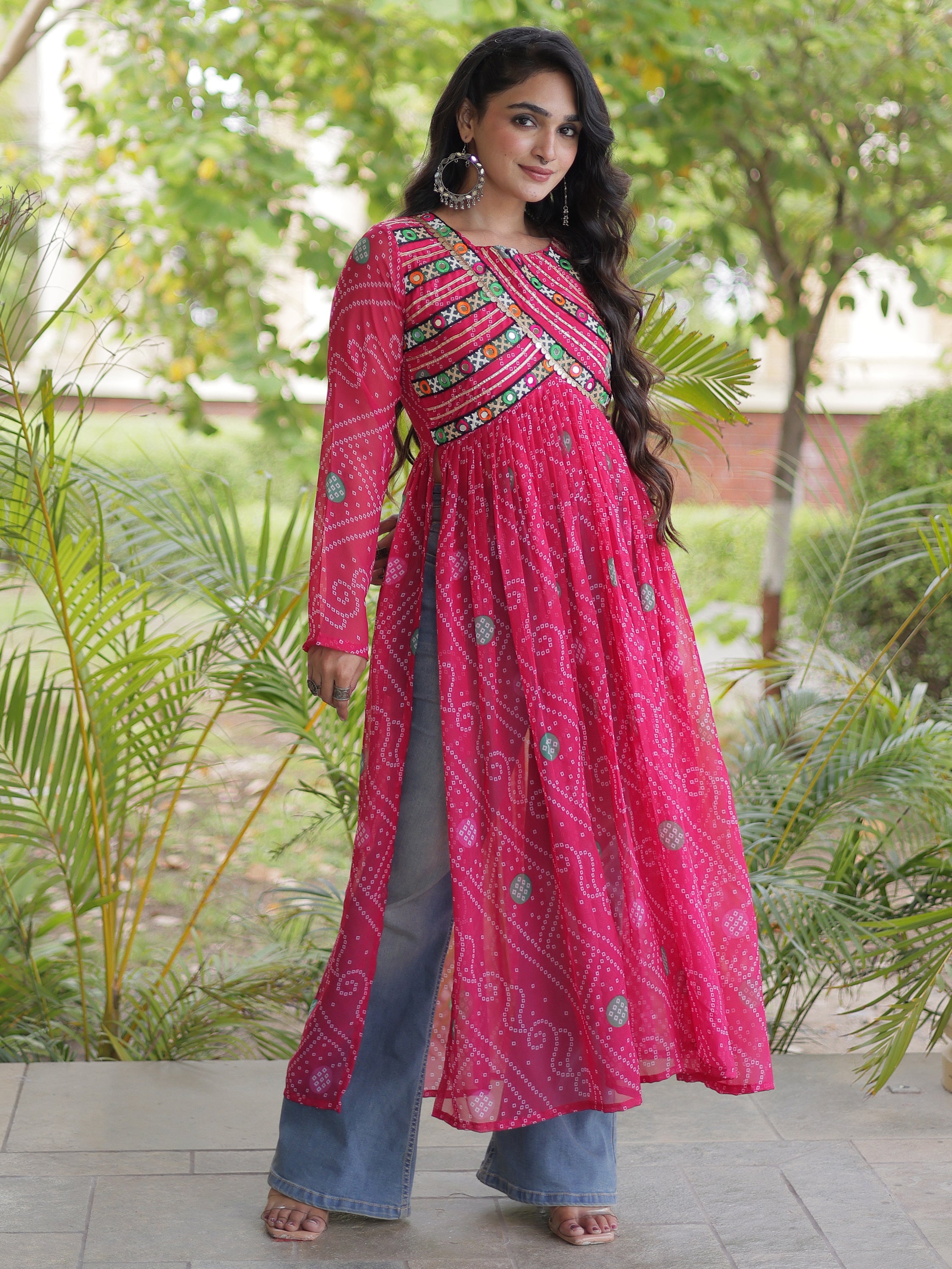 Lovely Pink Kutchi Patch Work Georgette Navratri Wear Kurti