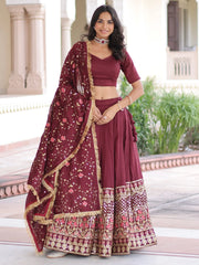 Wonderful Maroon Sequins Embroidered Silk Festive Wear Lehenga Choli