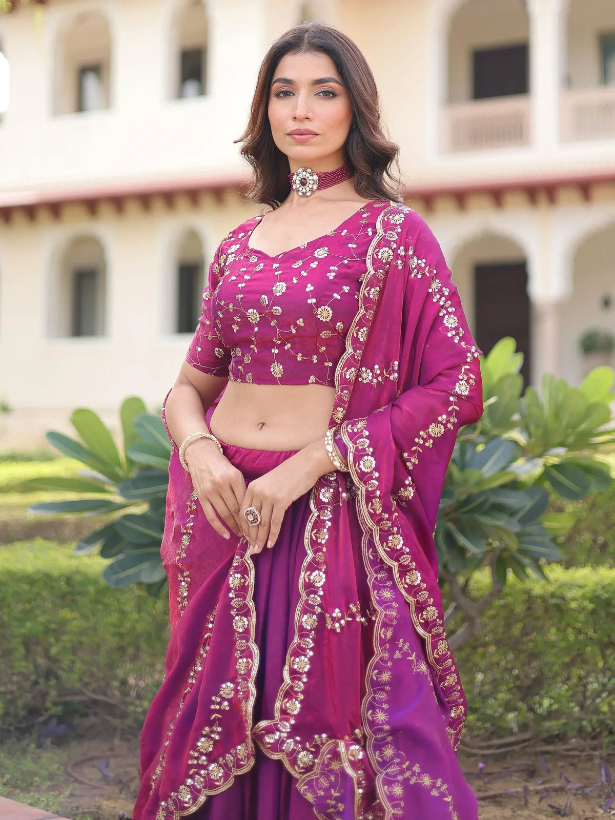 Elegant purple lehenga choli with gold floral embroidery, perfect for Indian ethnic wear