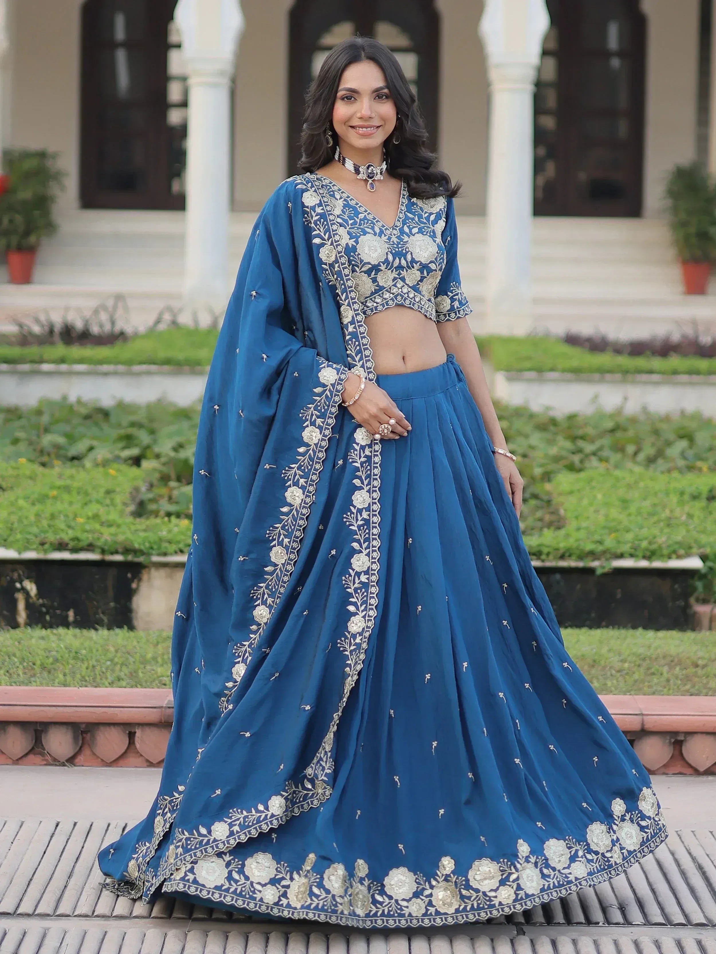 Gorgeous Blue Sequins Embroidered Silk Festival Wear Lehenga Choli