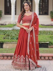 Beautiful Red Thread Embroidered Silk Wedding Wear Lehenga Choli