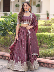 Precious Brown Embroidered Crushed Festive Wear Lehenga Choli