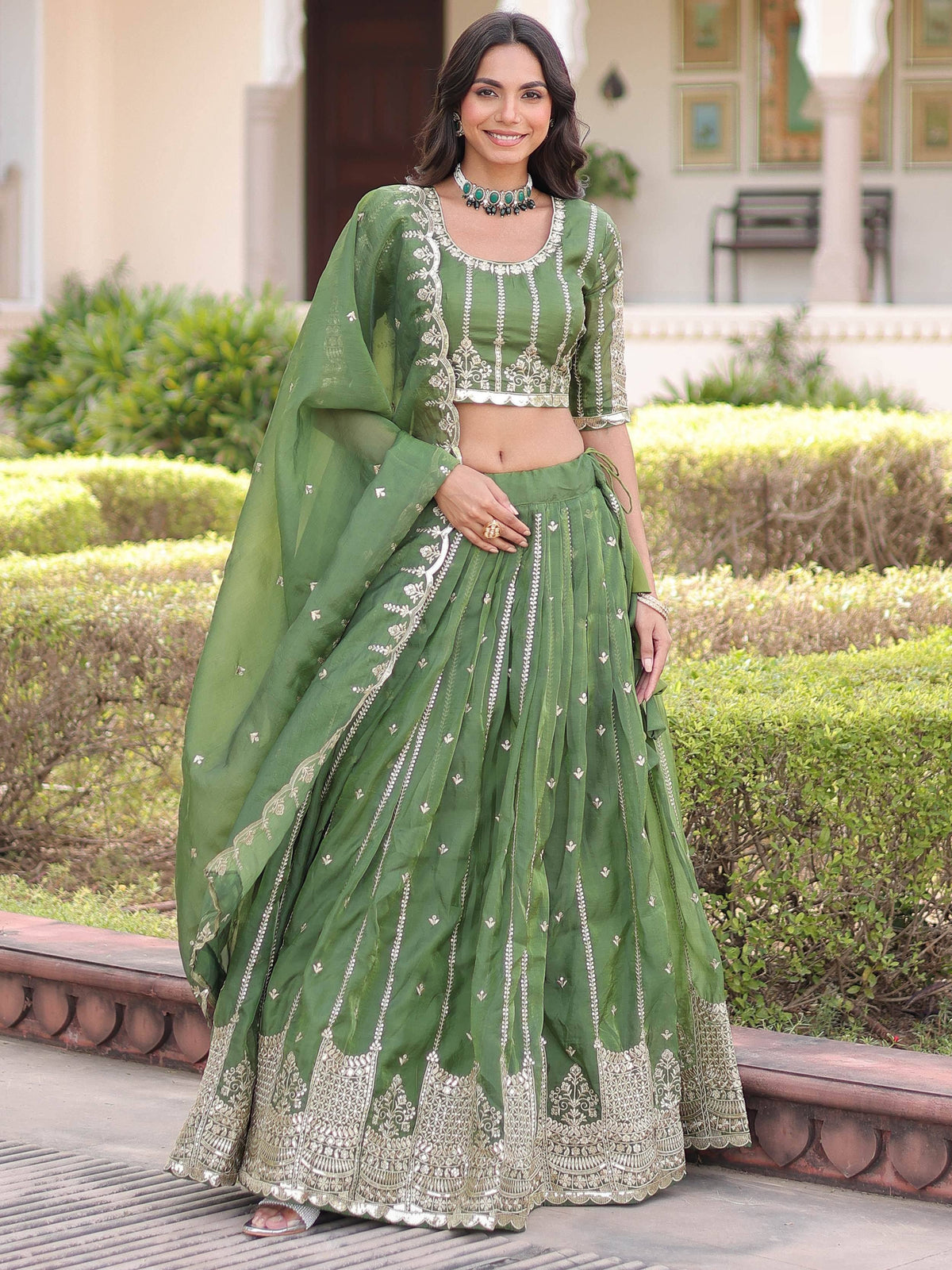 Green embroidered lehenga choli with dupatta, Indian ethnic wear for women