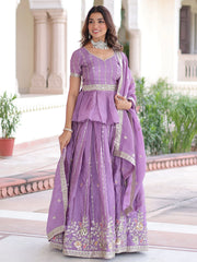 Enchanting Purple Sequins Crushed Festive Wear Lehenga With Peplum Top