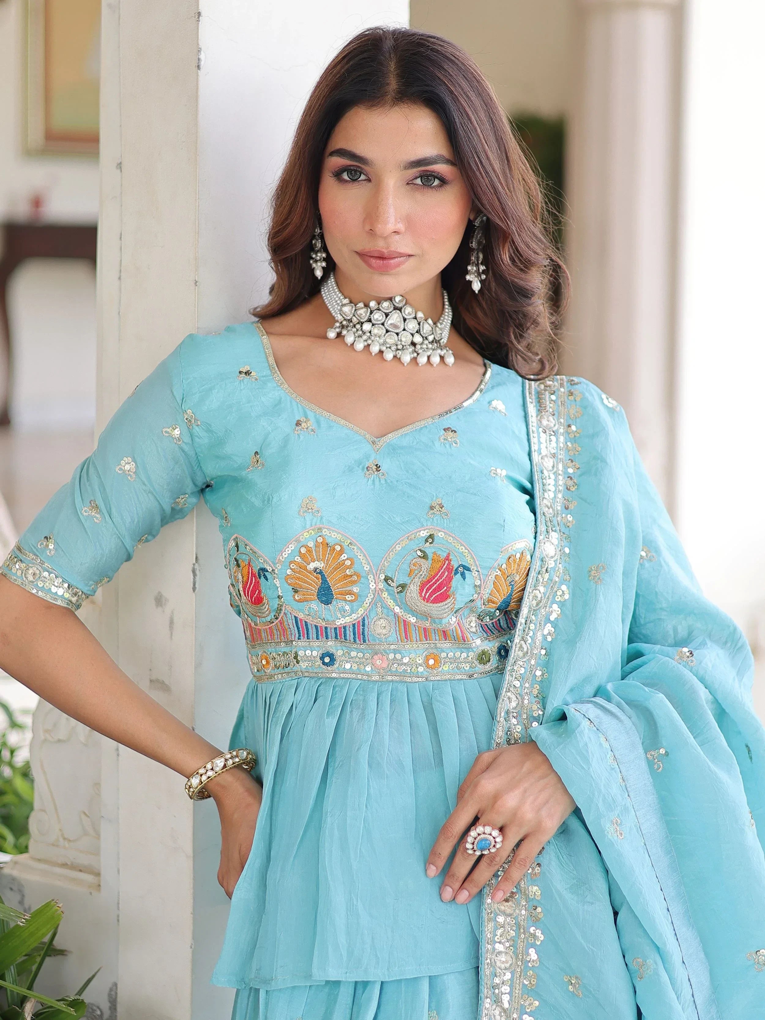 Graceful Blue Sequins Silk Festive Wear Lehenga With Peplum Top