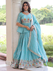 Graceful Blue Sequins Silk Festive Wear Lehenga With Peplum Top