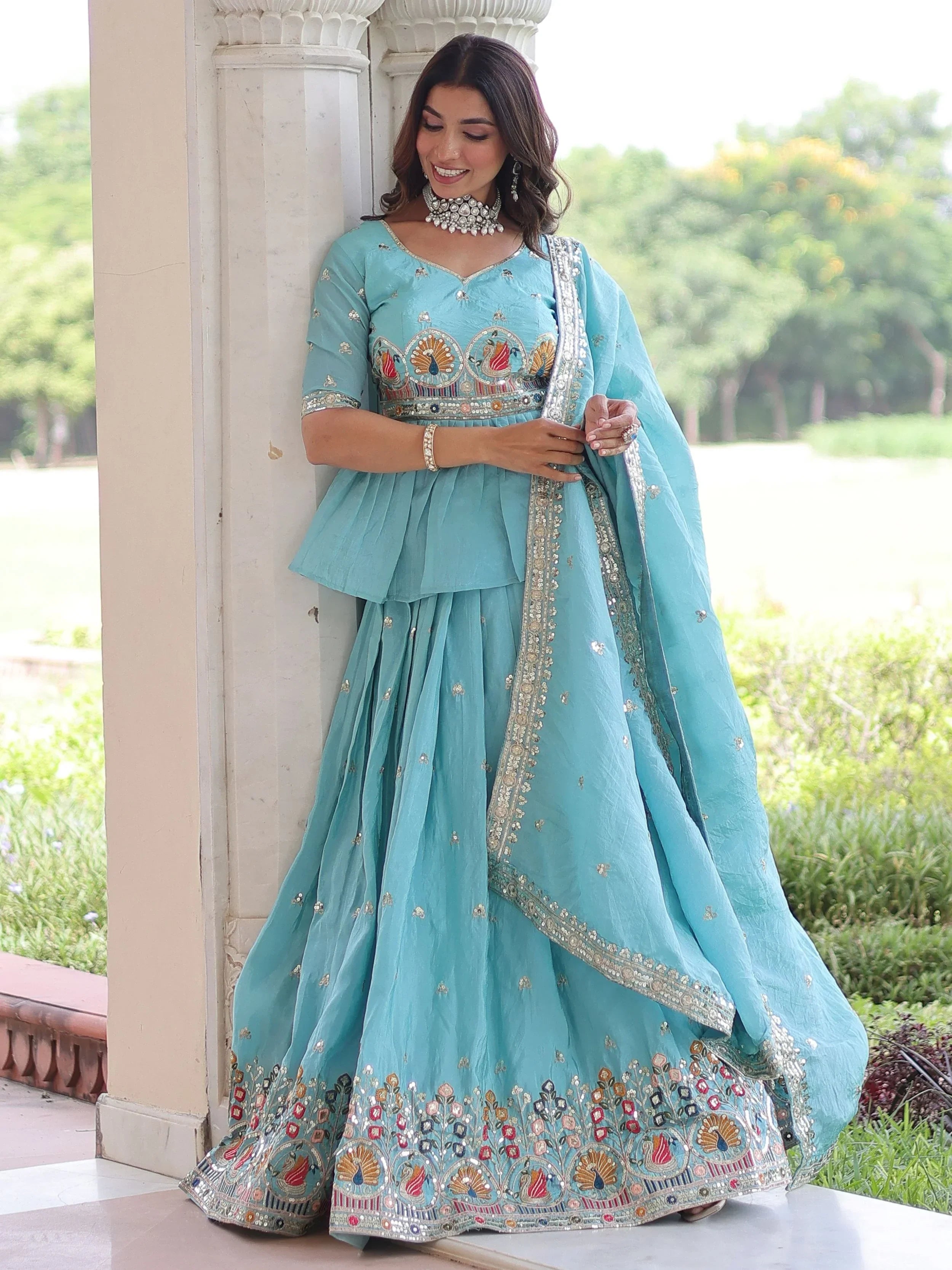Graceful Blue Sequins Silk Festive Wear Lehenga With Peplum Top