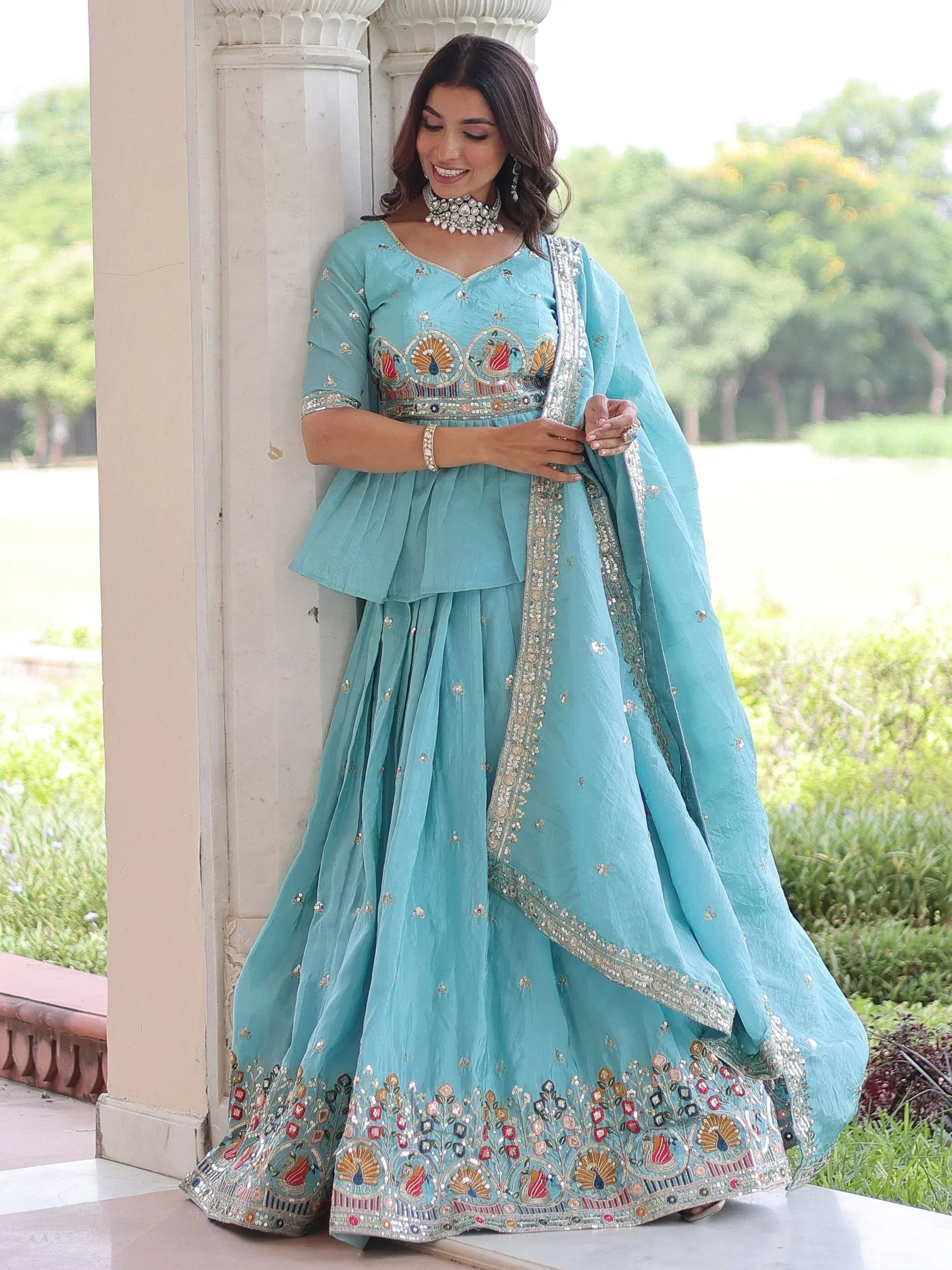 Graceful Blue Sequins Silk Festive Wear Lehenga With Peplum Top