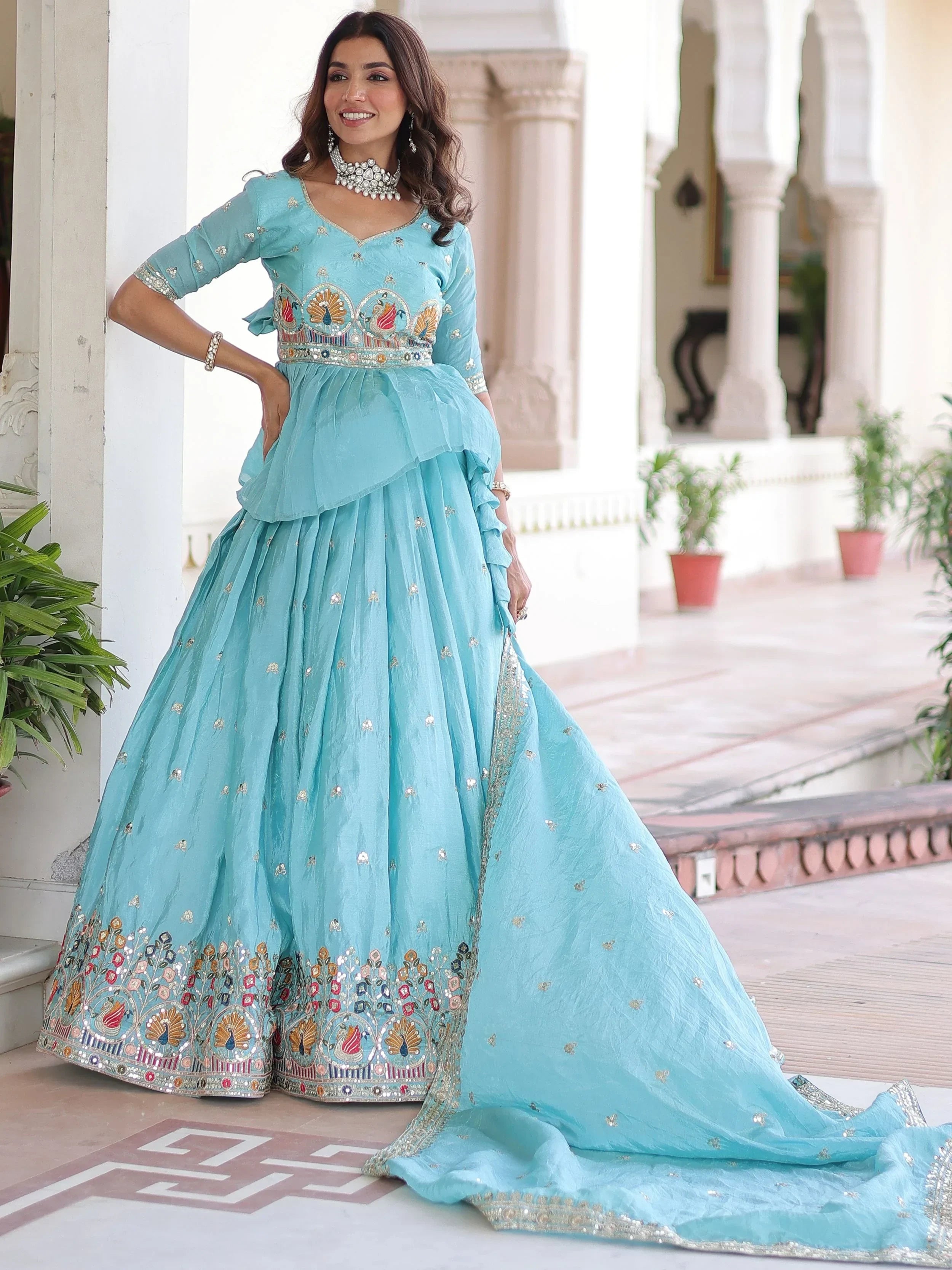 Graceful Blue Sequins Silk Festive Wear Lehenga With Peplum Top