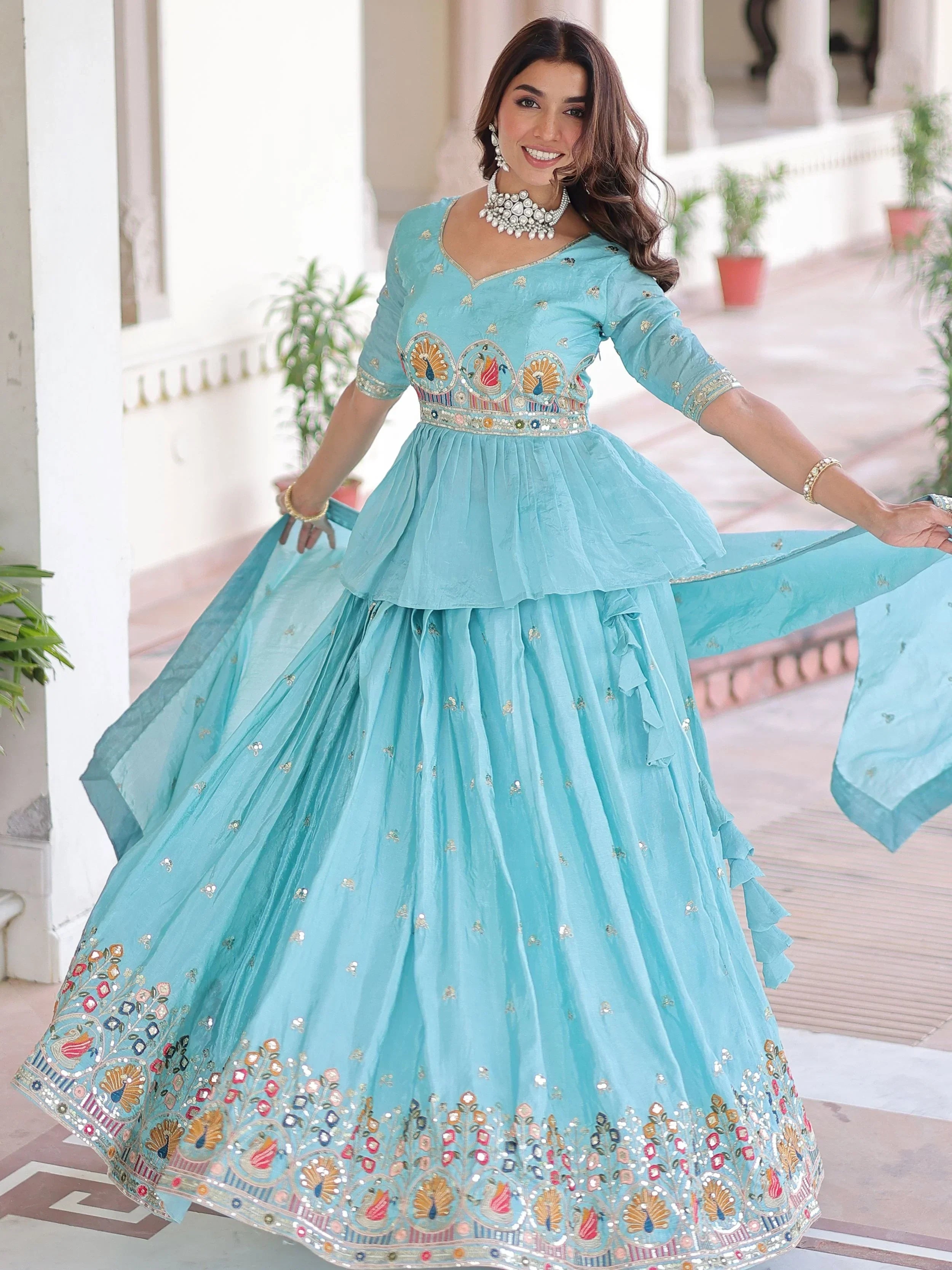 Graceful Blue Sequins Silk Festive Wear Lehenga With Peplum Top