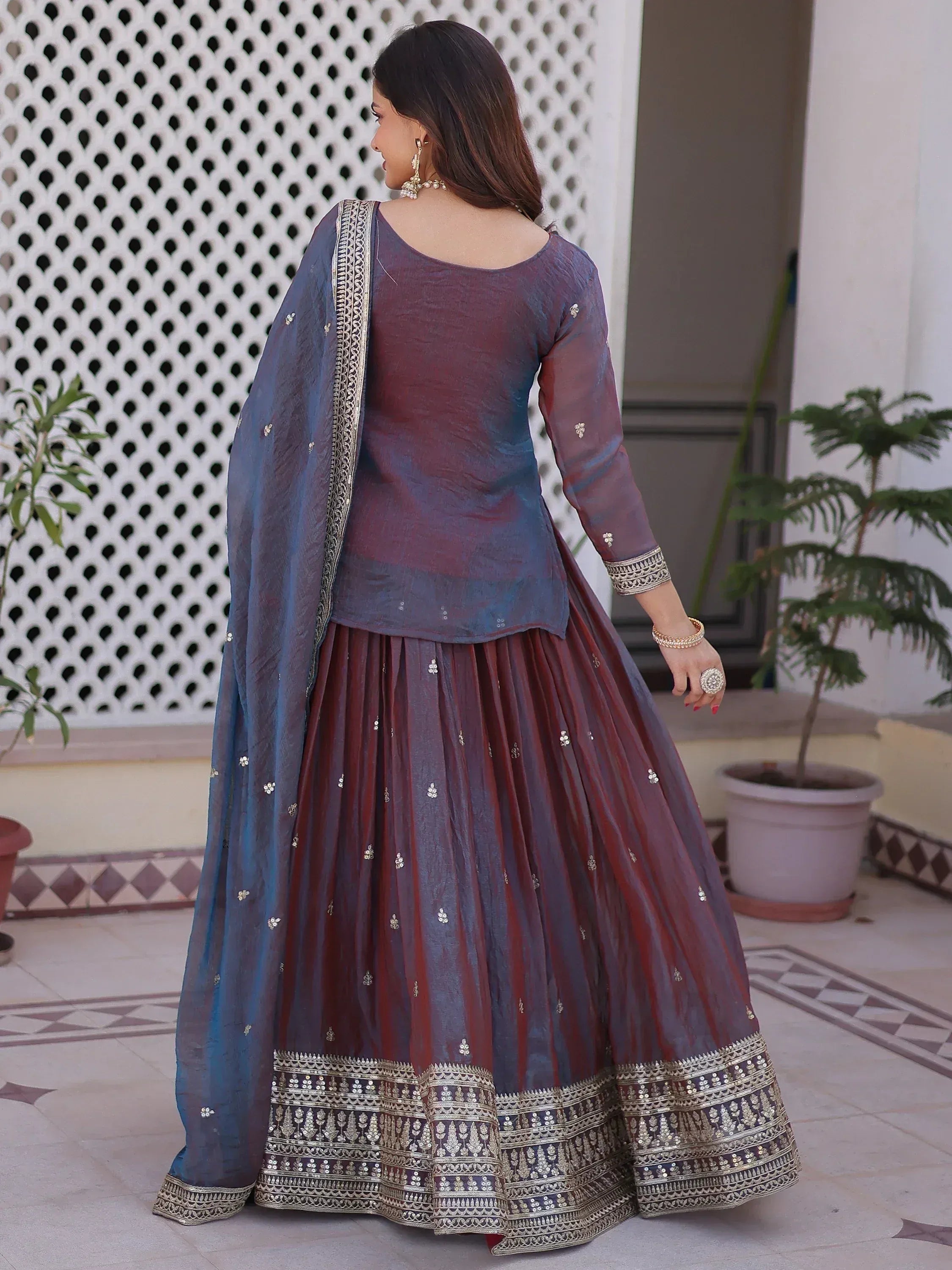 Great Wine Sequins Chiffon Wedding Wear Lehenga With Short Kurti