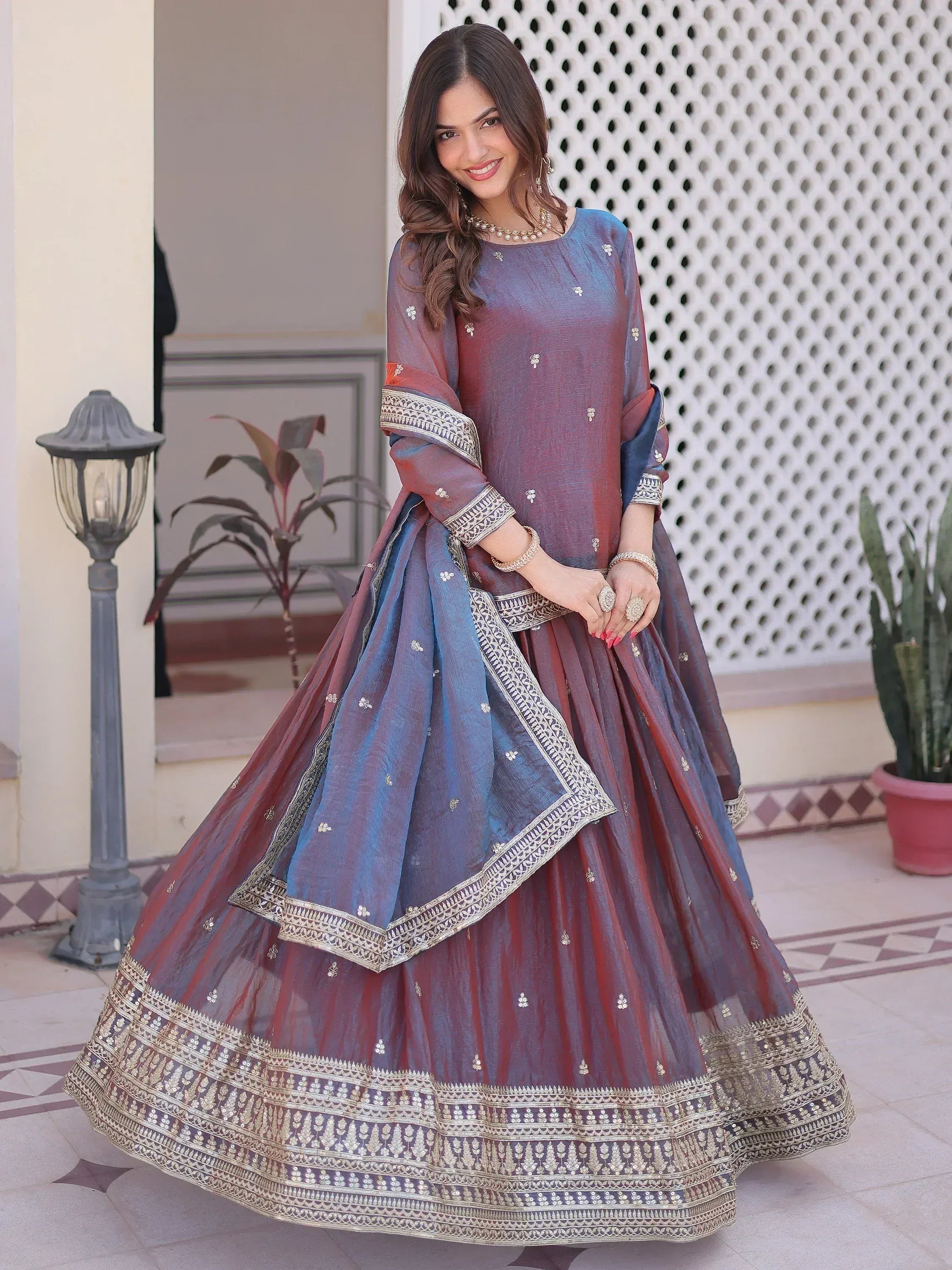 Great Wine Sequins Chiffon Wedding Wear Lehenga With Short Kurti