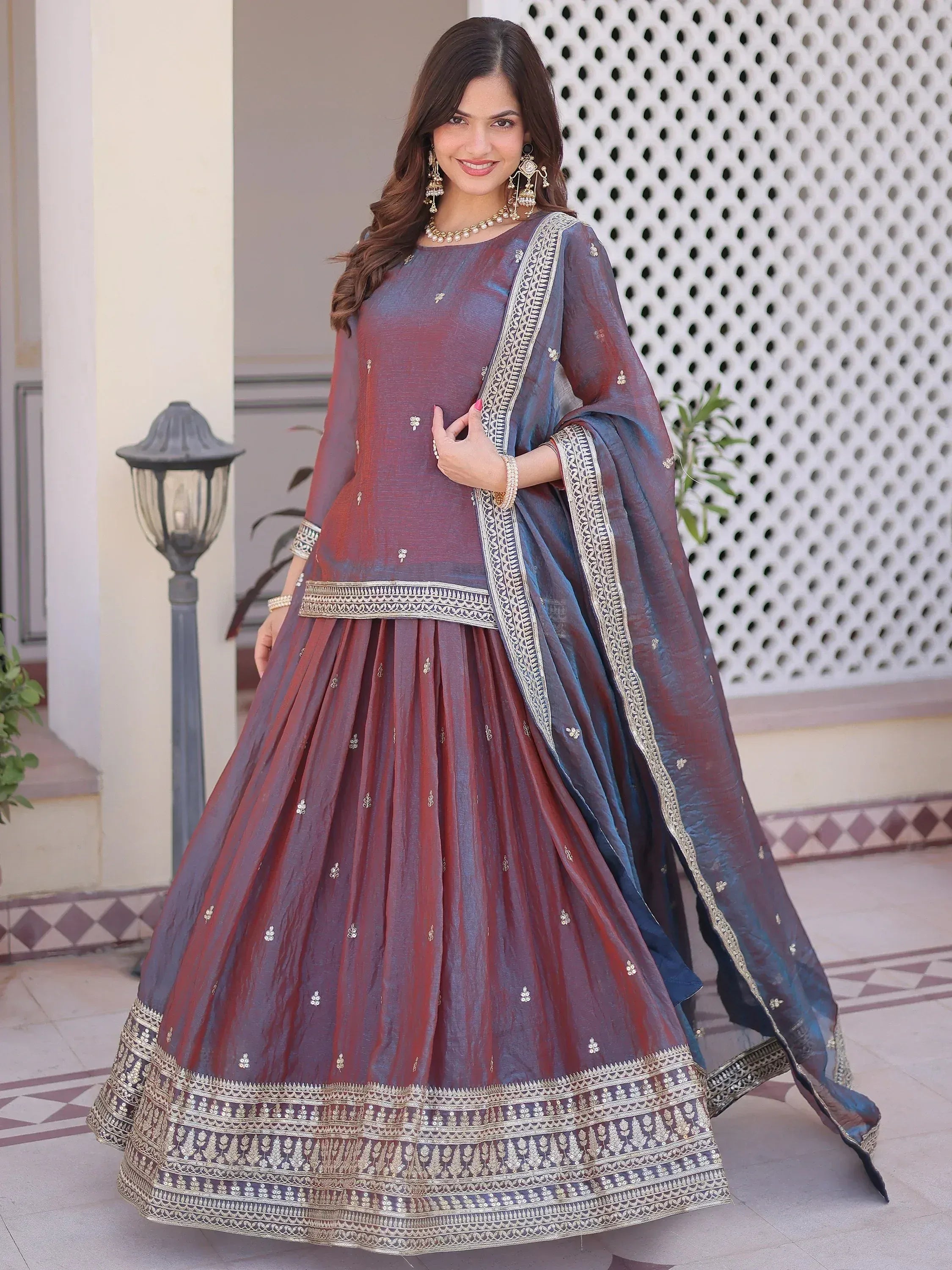 Great Wine Sequins Chiffon Wedding Wear Lehenga With Short Kurti