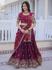 Awesome Wine Sequins Silk Wedding Wear Lehenga Choli With Dupatta