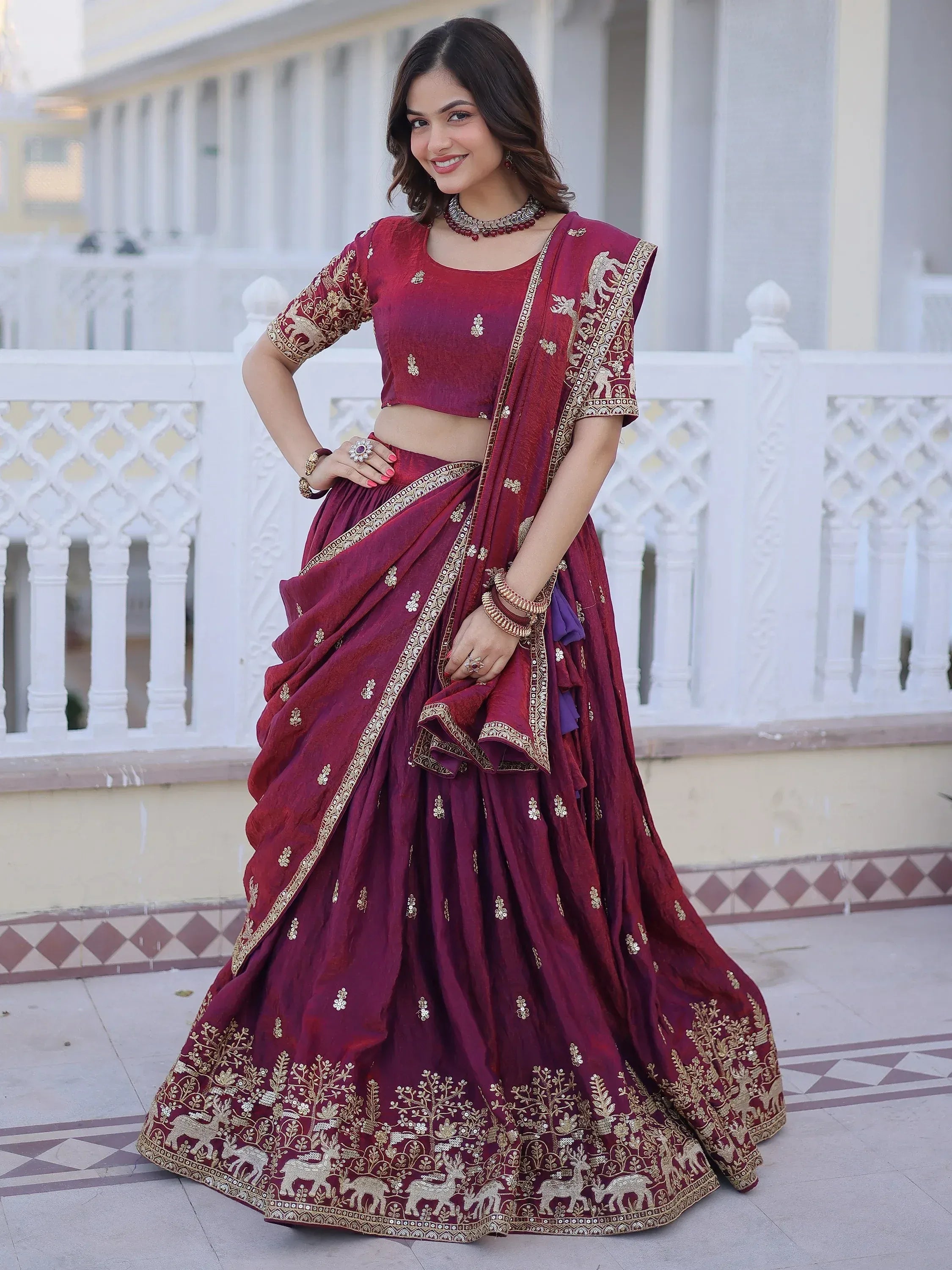 Awesome Wine Sequins Silk Wedding Wear Lehenga Choli With Dupatta