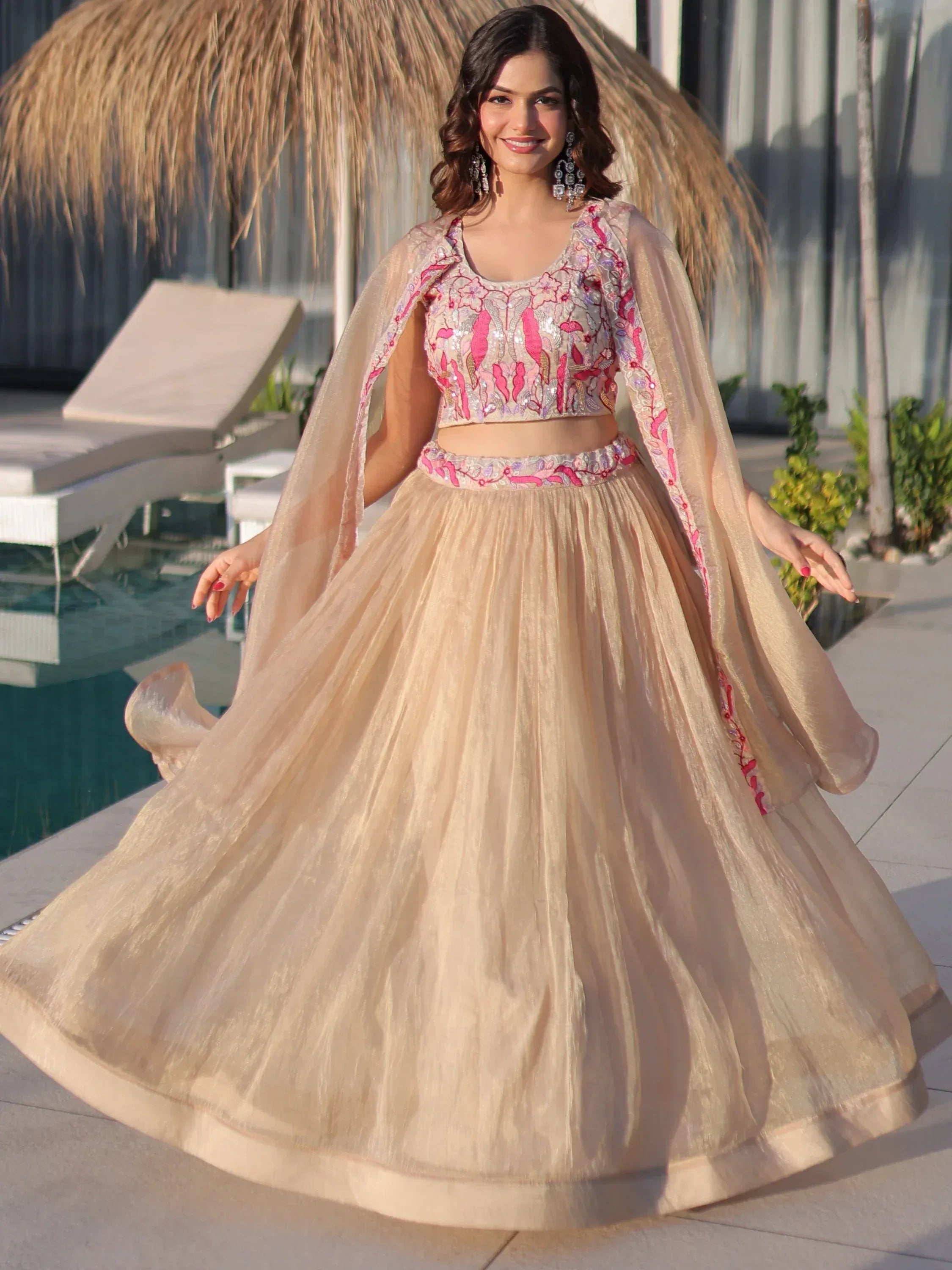 Stunning Cream Organza Lehenga With Bead Work Choli And Shrug