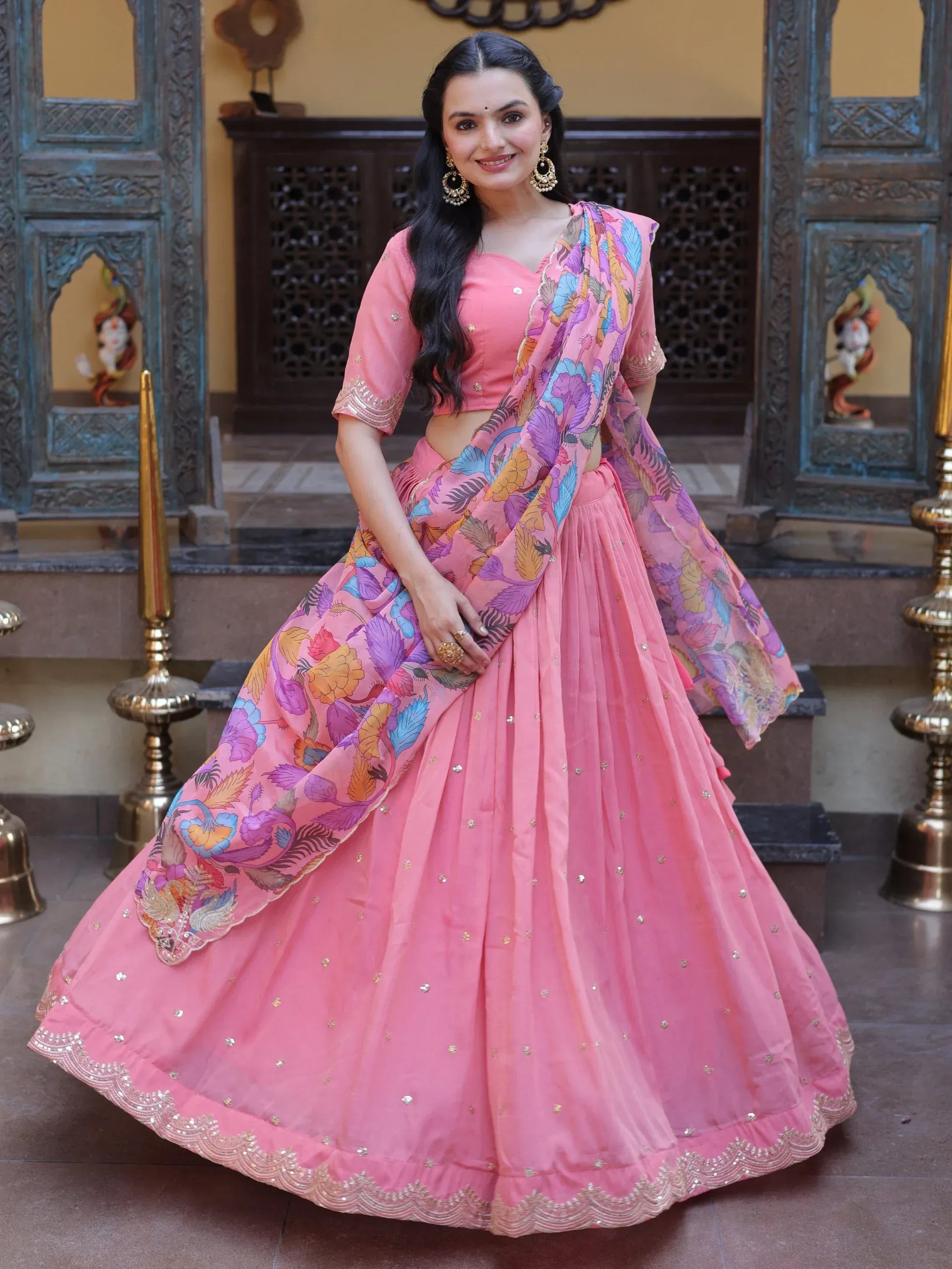 Precious Peach Zari Work Silk Engagement Wear Half Saree Lehenga