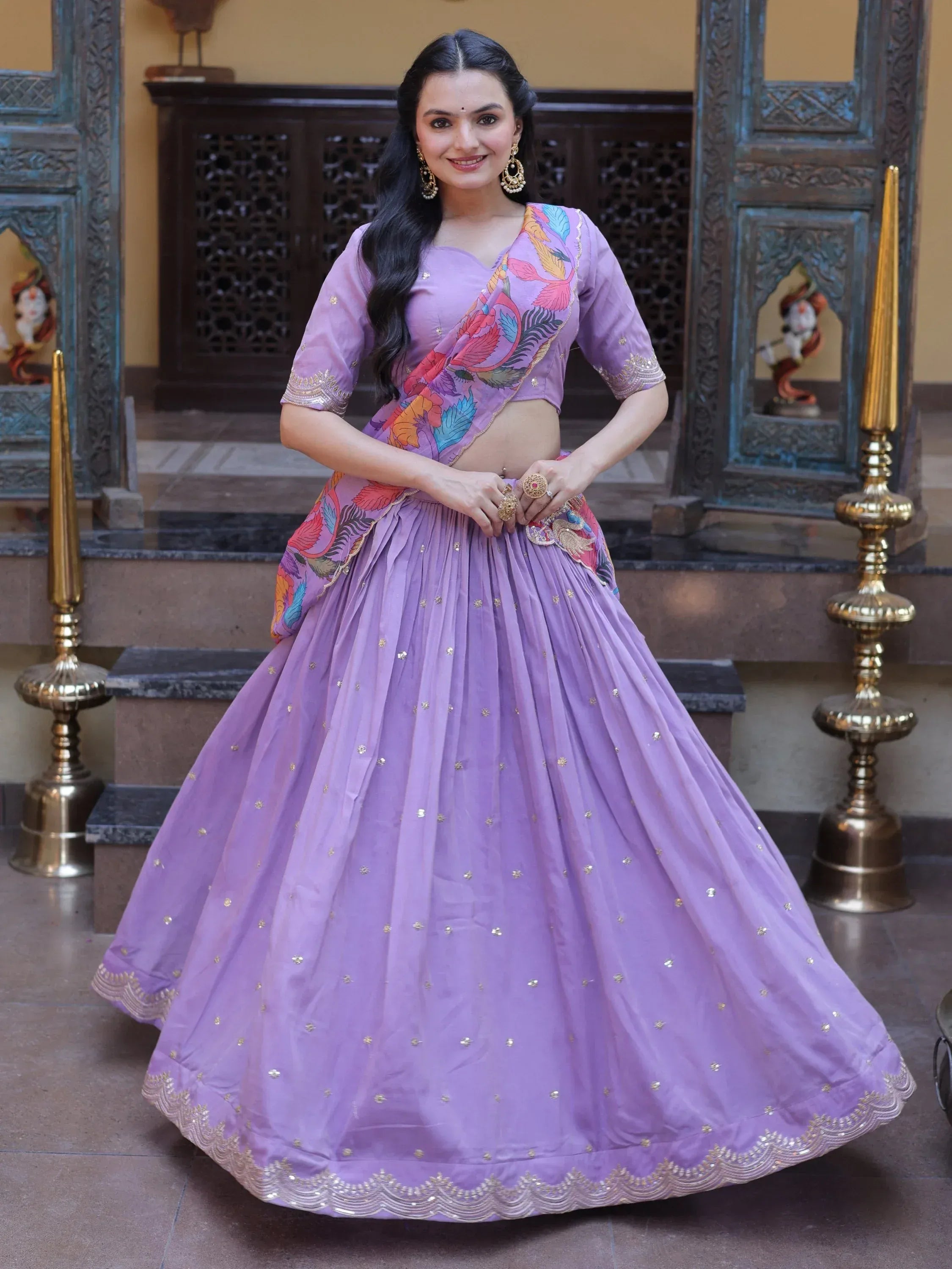 Alluring Pearl Sequins Silk Function Wear Half Saree Lehenga