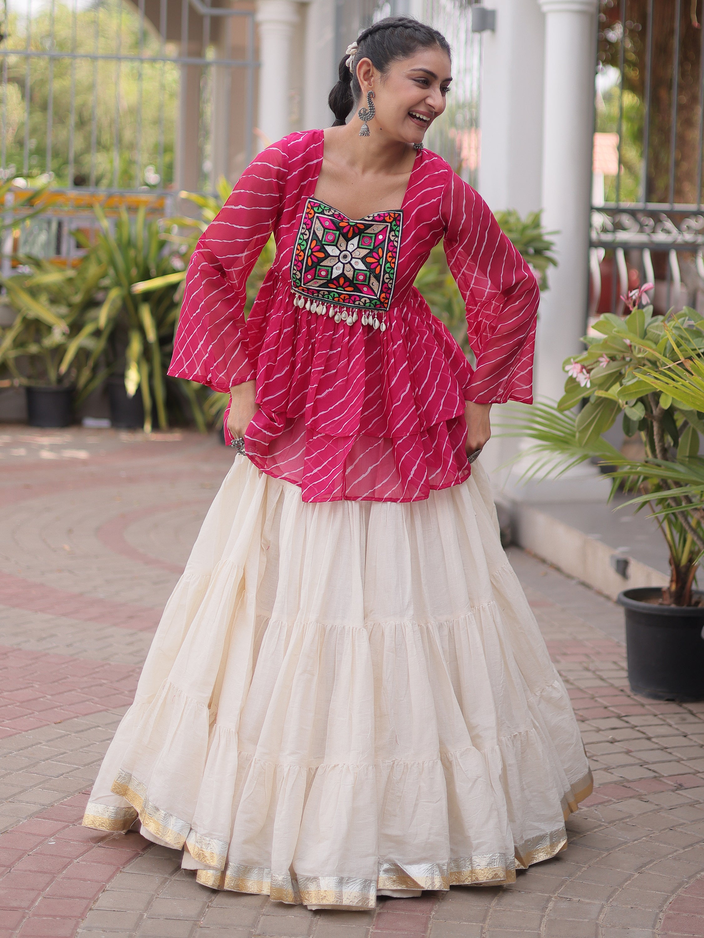 Elegant Purple Laheriya Printed Cotton Navratri Special Lehenga Choli