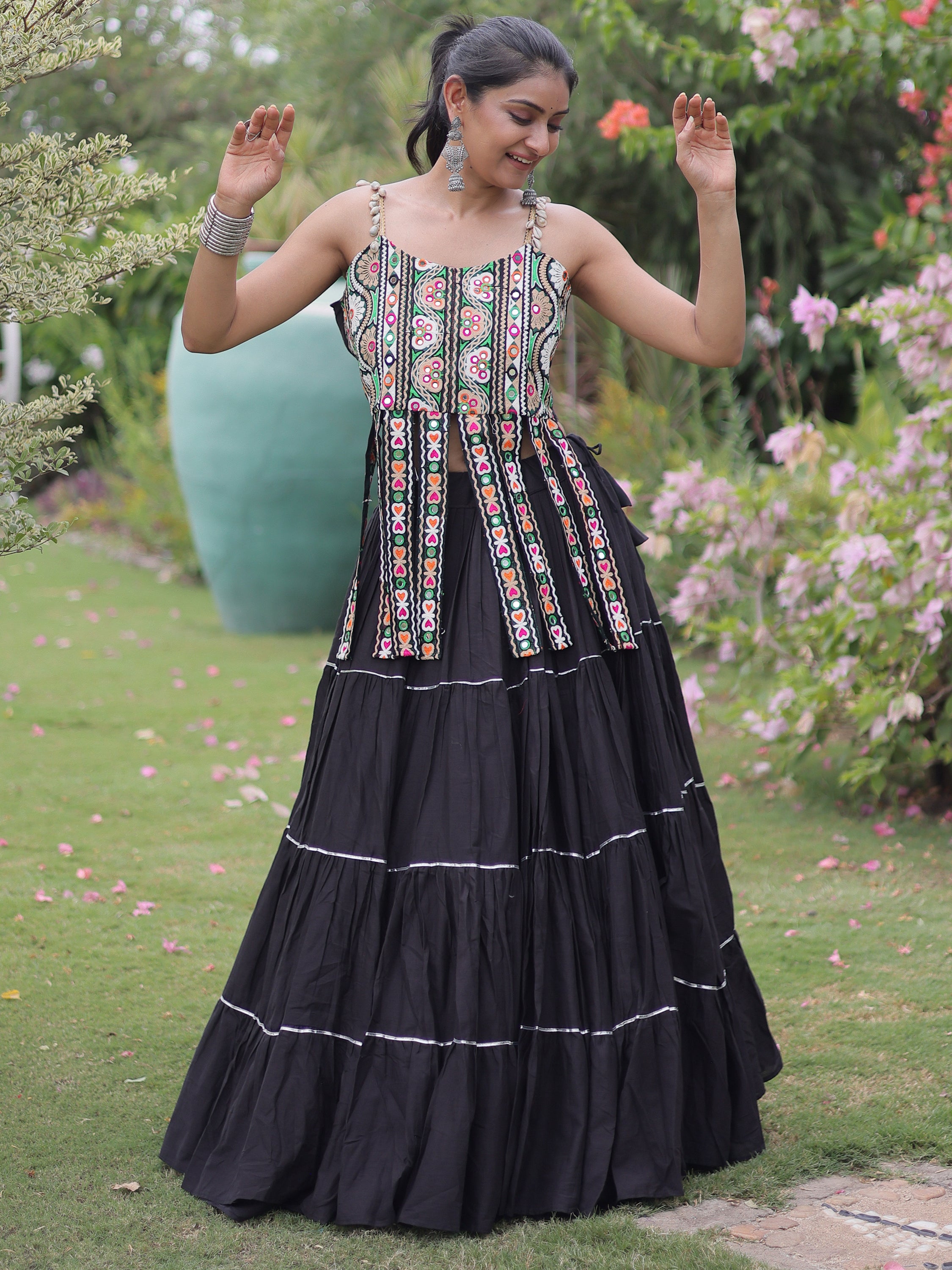 Precious Black Patch Work Cotton Navratri Lehenga With Blouse