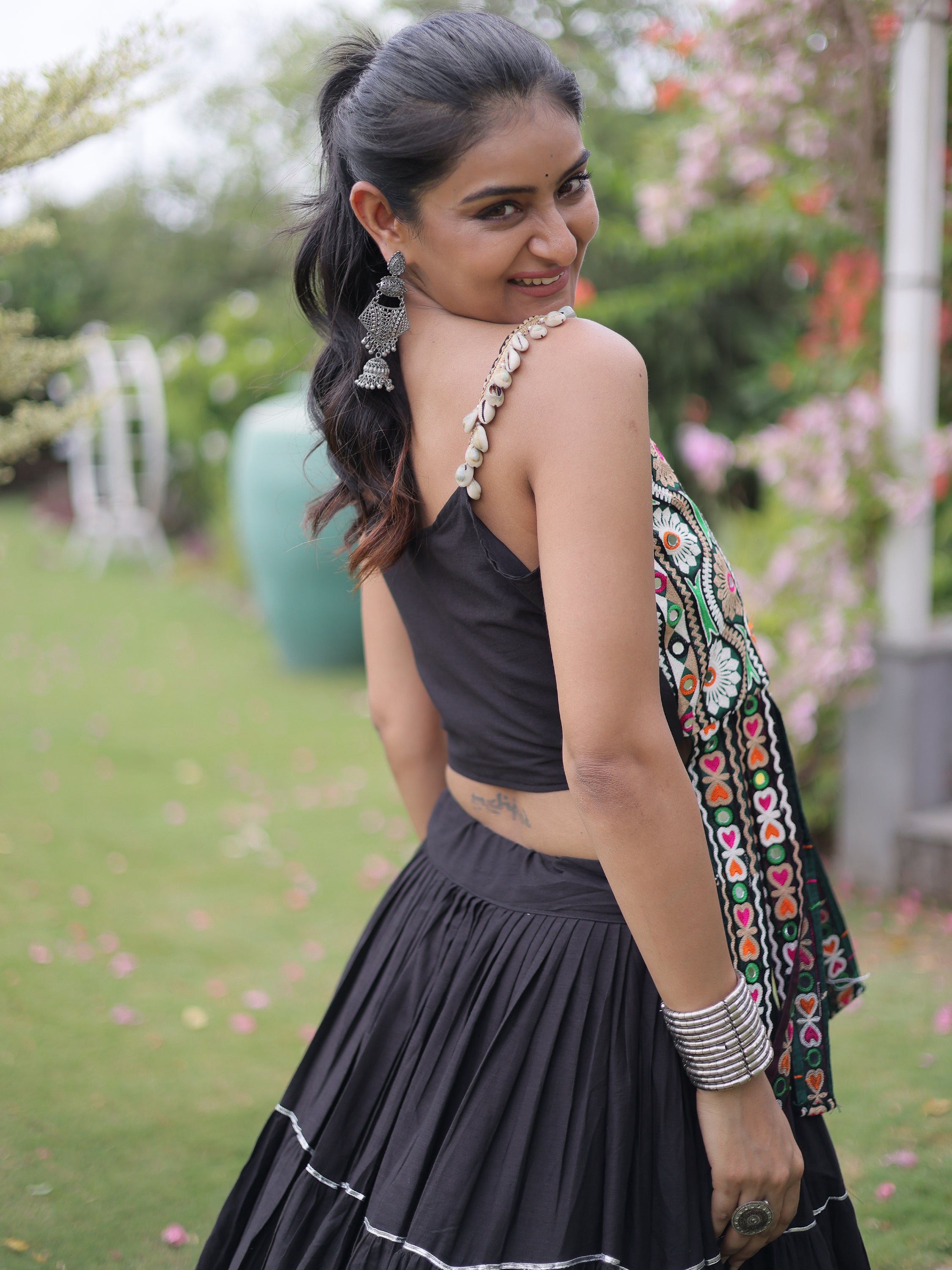 Precious Black Patch Work Cotton Navratri Lehenga With Blouse
