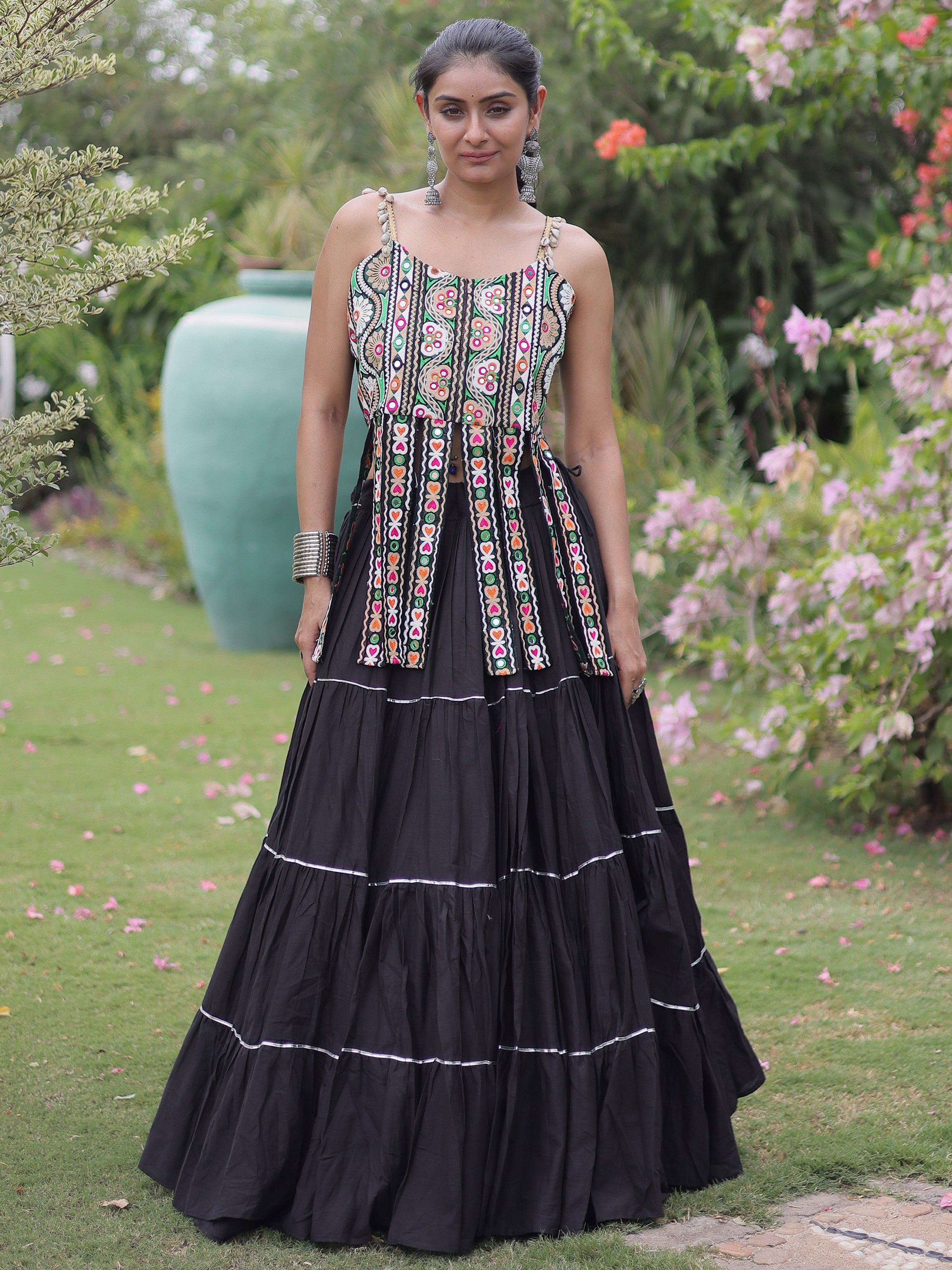 Precious Black Patch Work Cotton Navratri Lehenga With Blouse