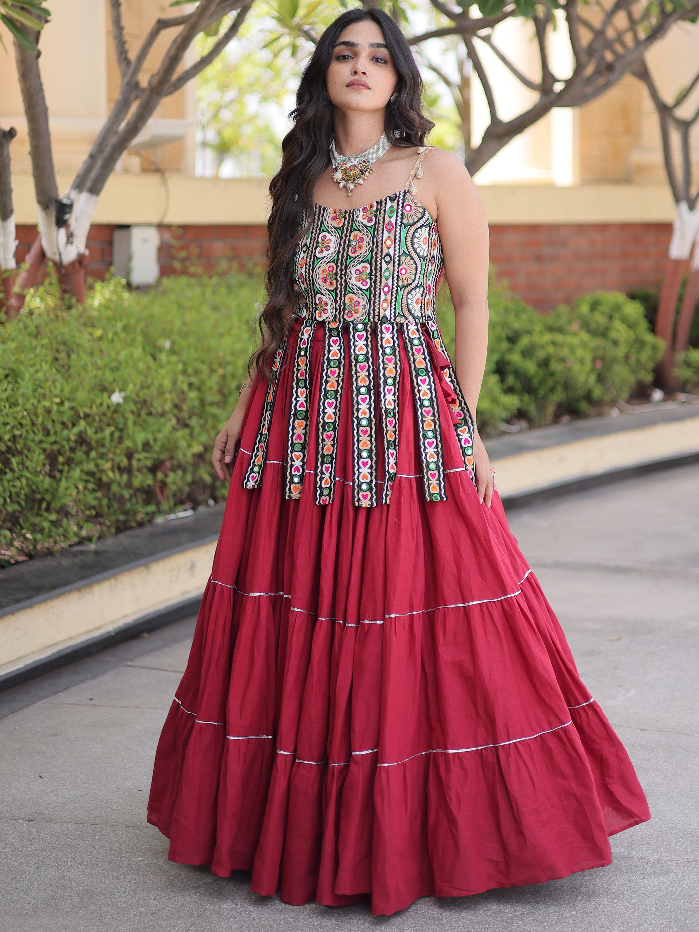 Glowing Maroon Cotton Navratri Wear Lehenga With Patch Work Choli