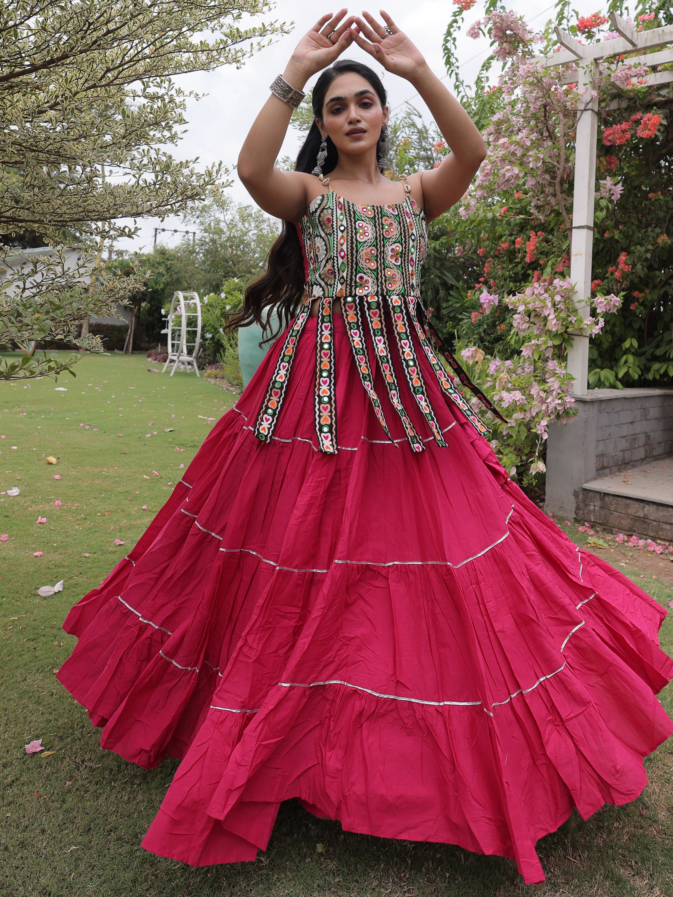 Stupendous Pink Patch Work Cotton Navratri Special Lehenga Choli