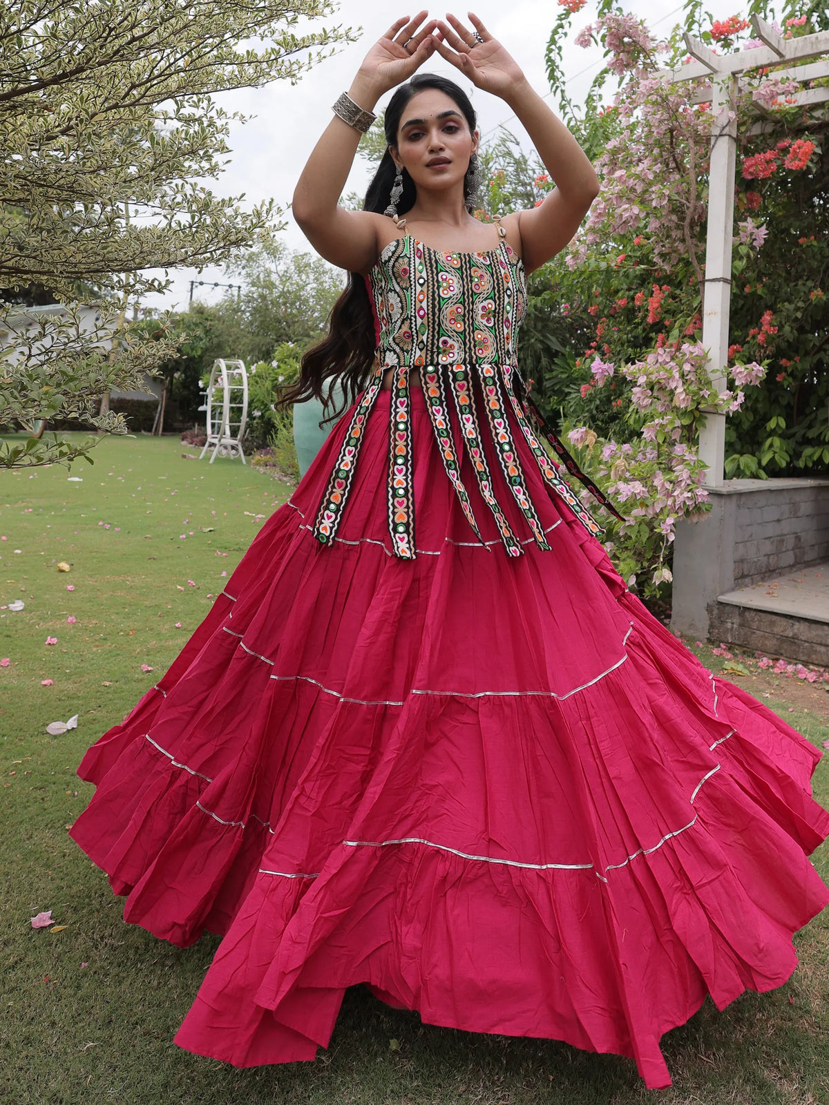 Stupendous Pink Patch Work Cotton Navratri Special Lehenga Choli