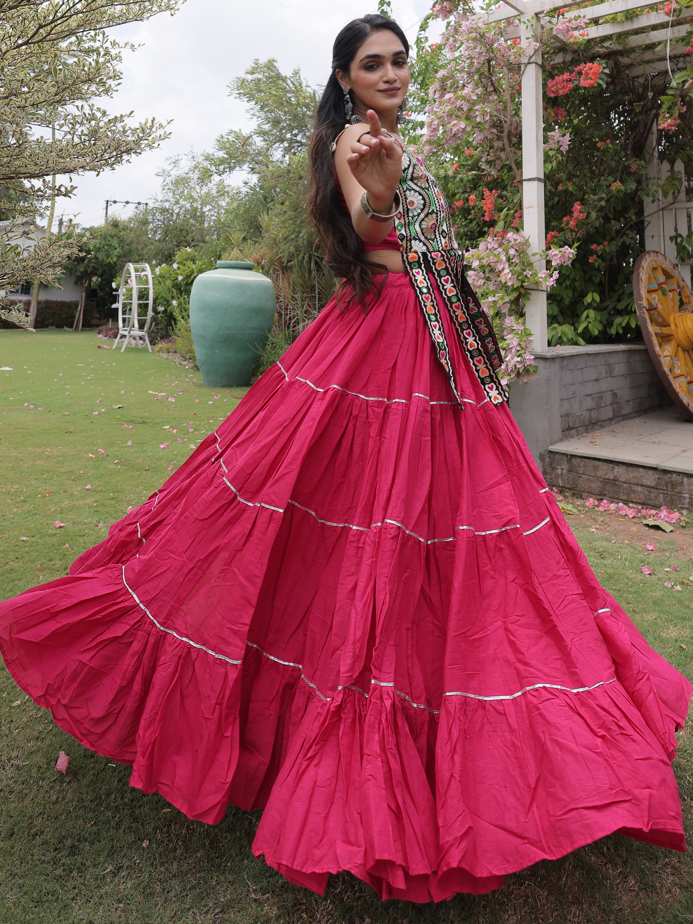 Stupendous Pink Patch Work Cotton Navratri Special Lehenga Choli