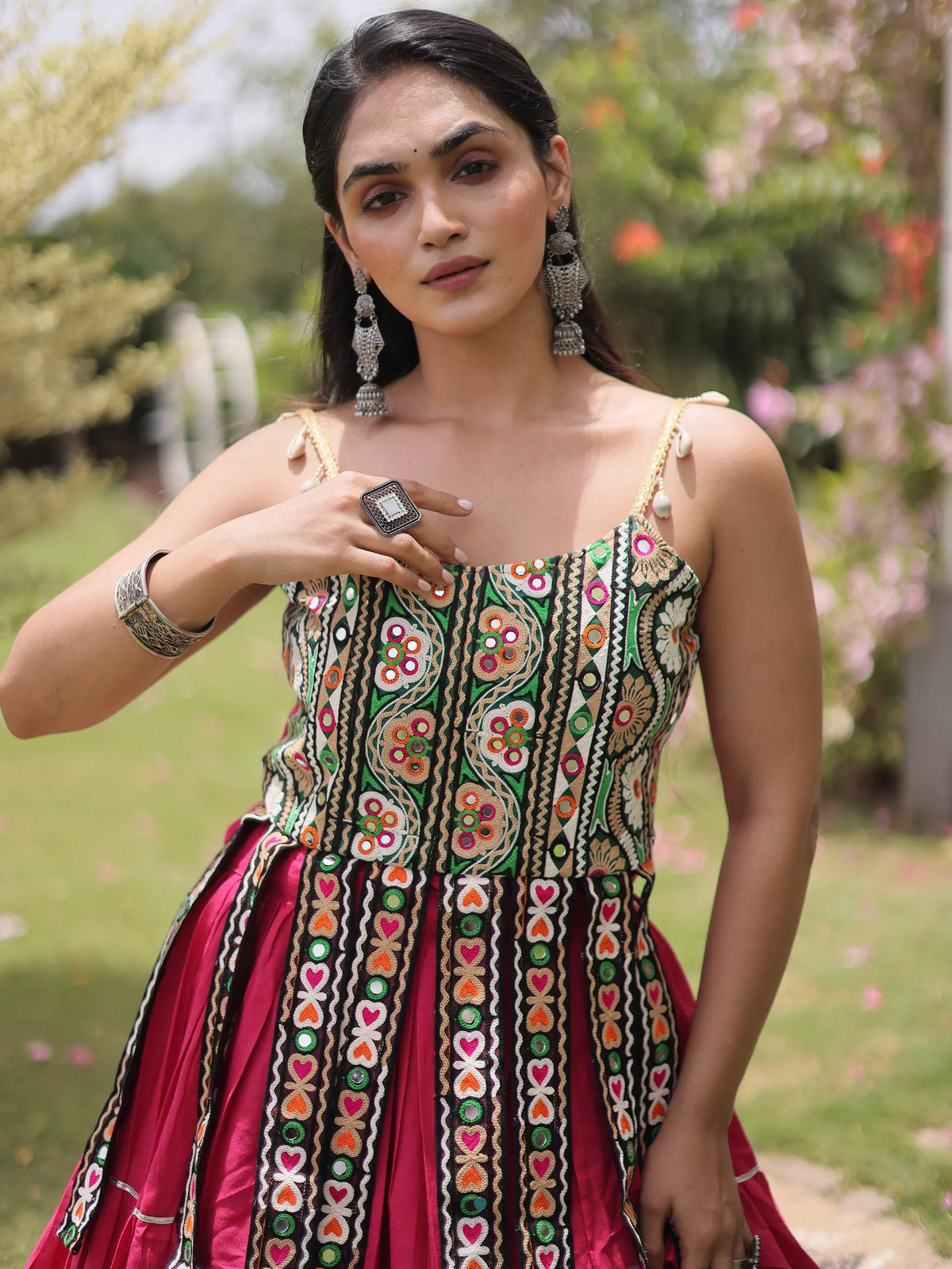Stupendous Pink Patch Work Cotton Navratri Special Lehenga Choli