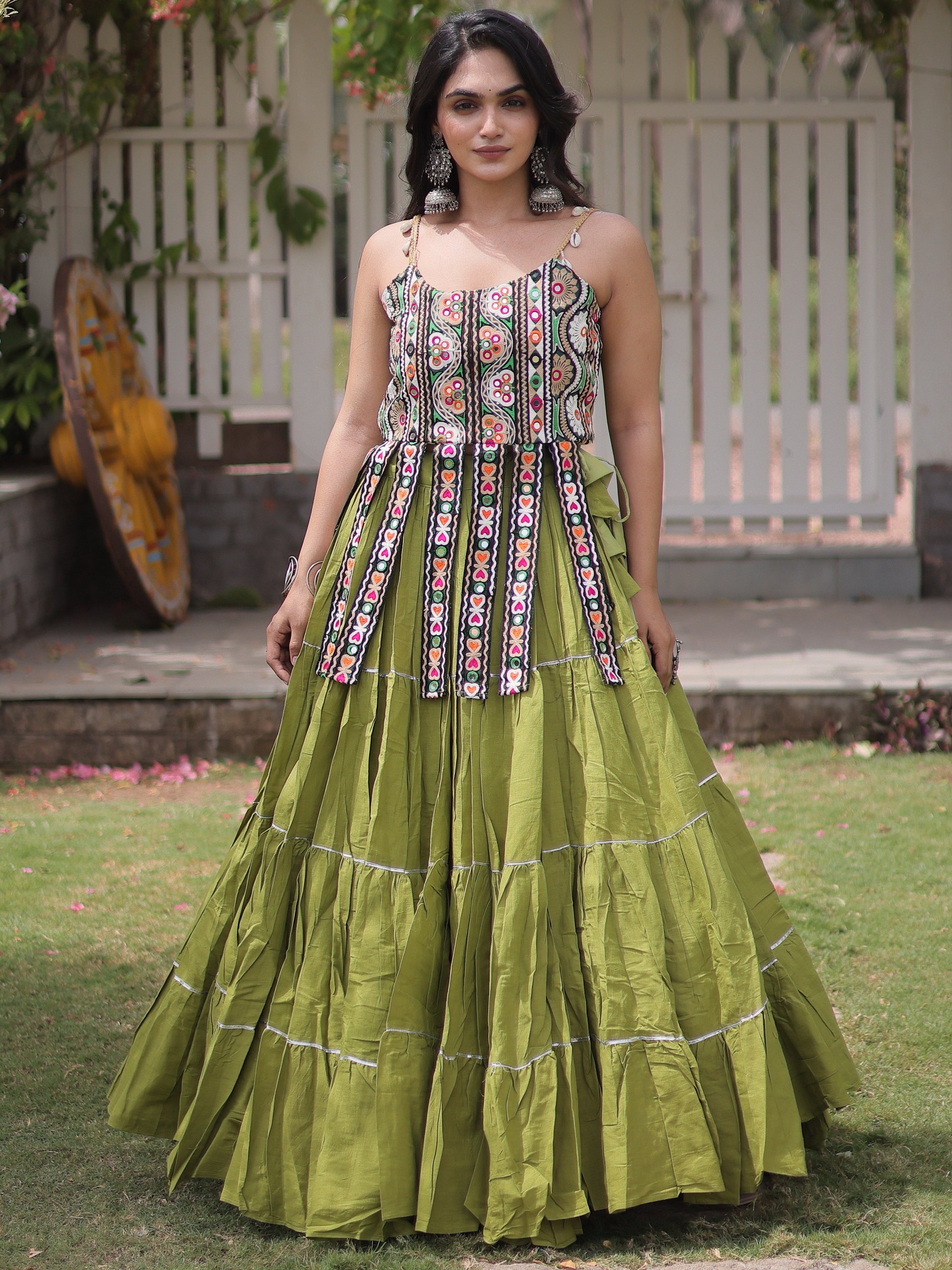 Fantastic Pista Green Laced Cotton Navratri Lehenga Choli