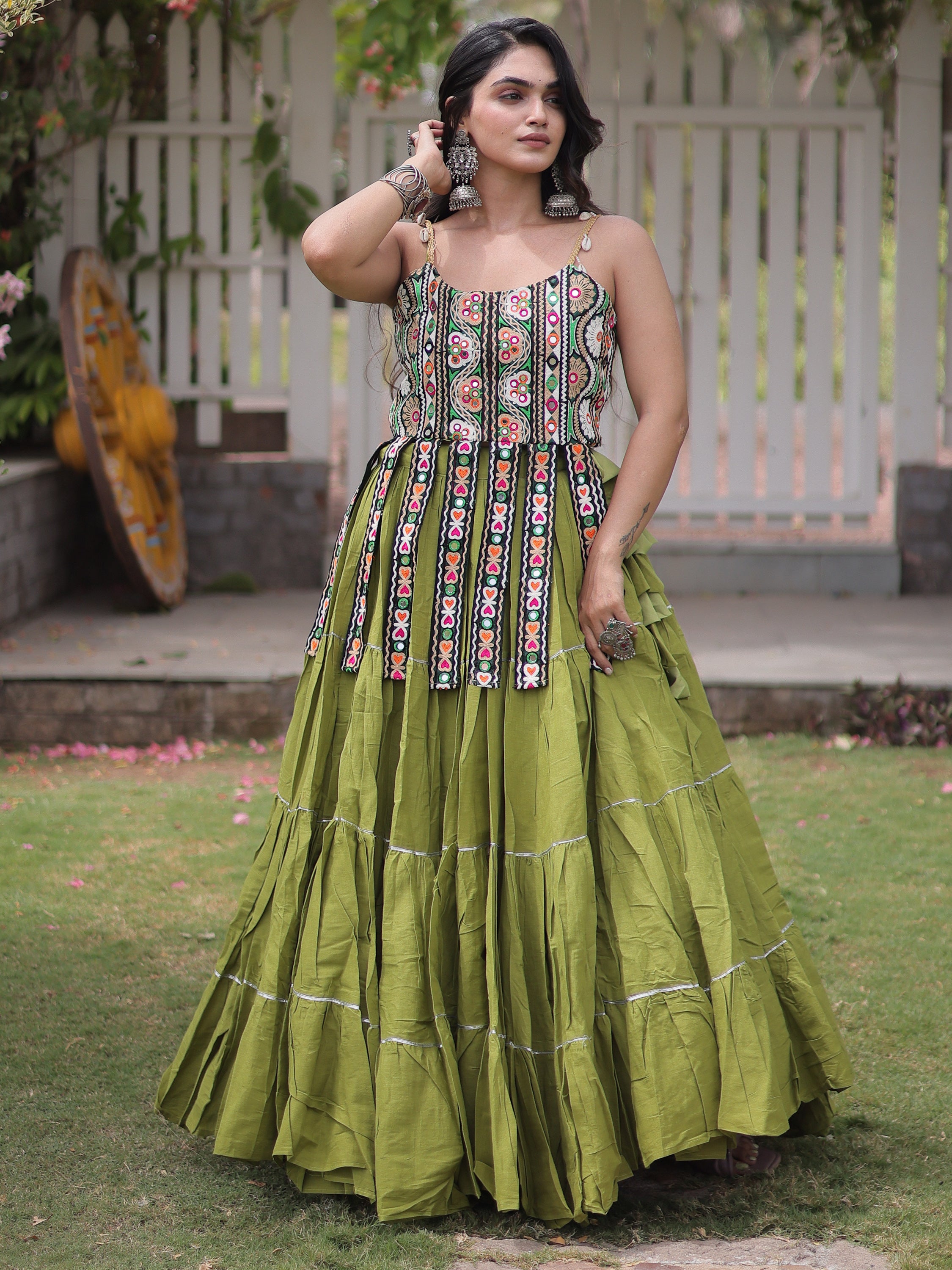 Fantastic Pista Green Laced Cotton Navratri Lehenga Choli