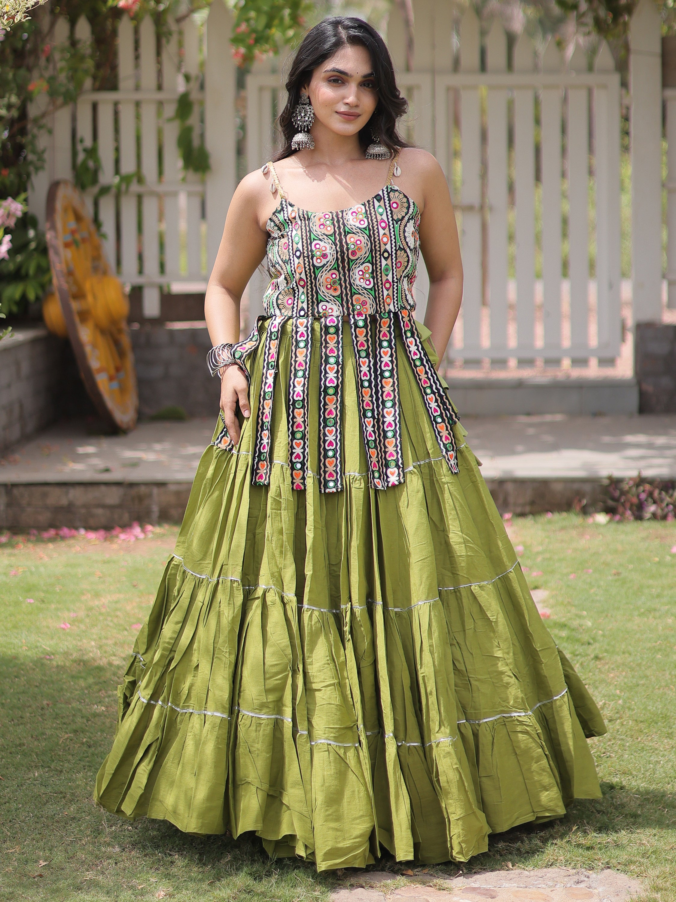 Fantastic Pista Green Laced Cotton Navratri Lehenga Choli