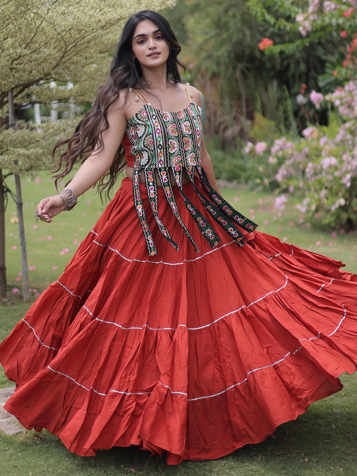Fabulous Rust Orange Patch Work Cotton Navratri Lehenga Choli