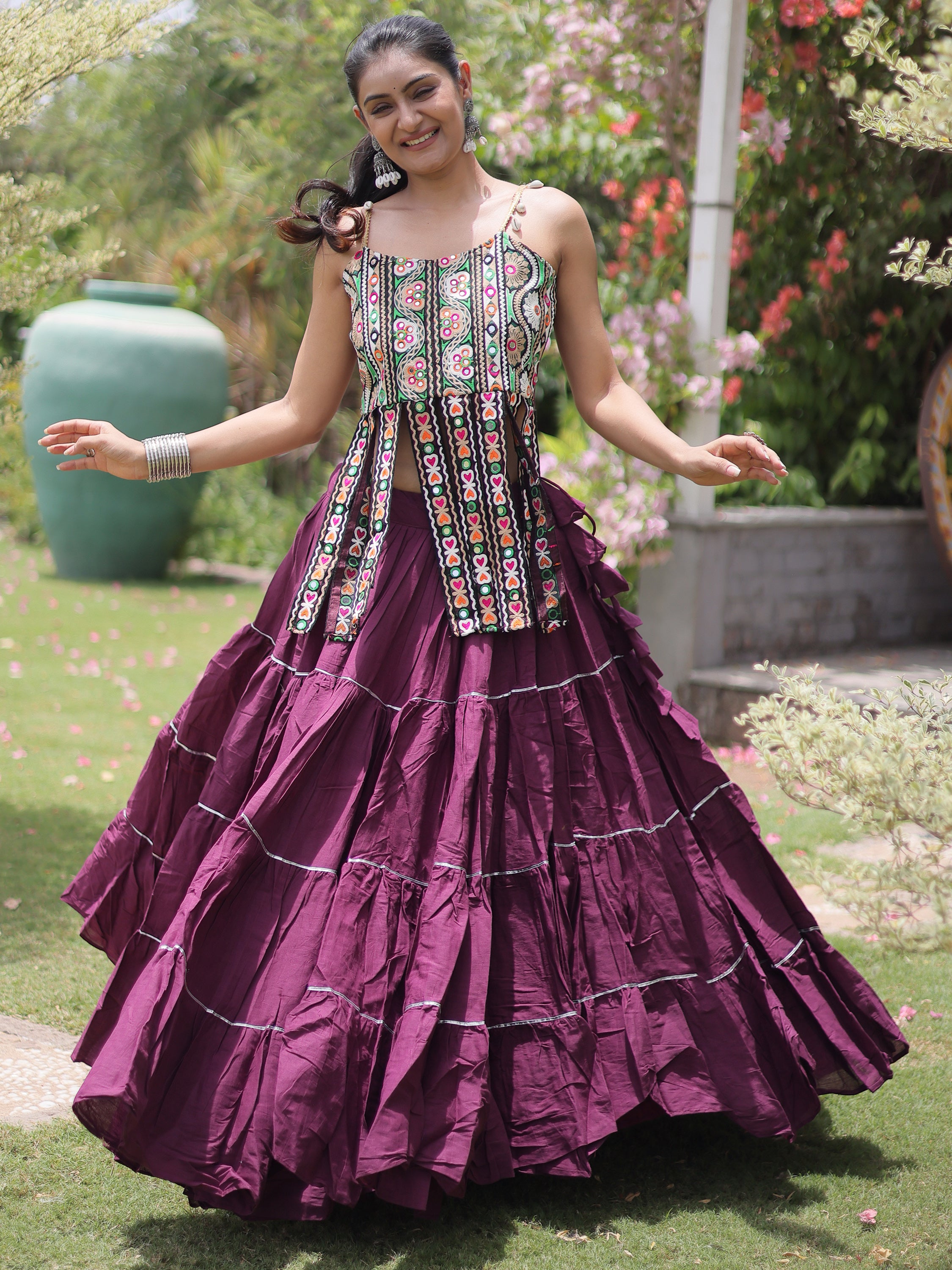 Tremendous Wine Laced Cotton Navratri Wear Lehenga Choli