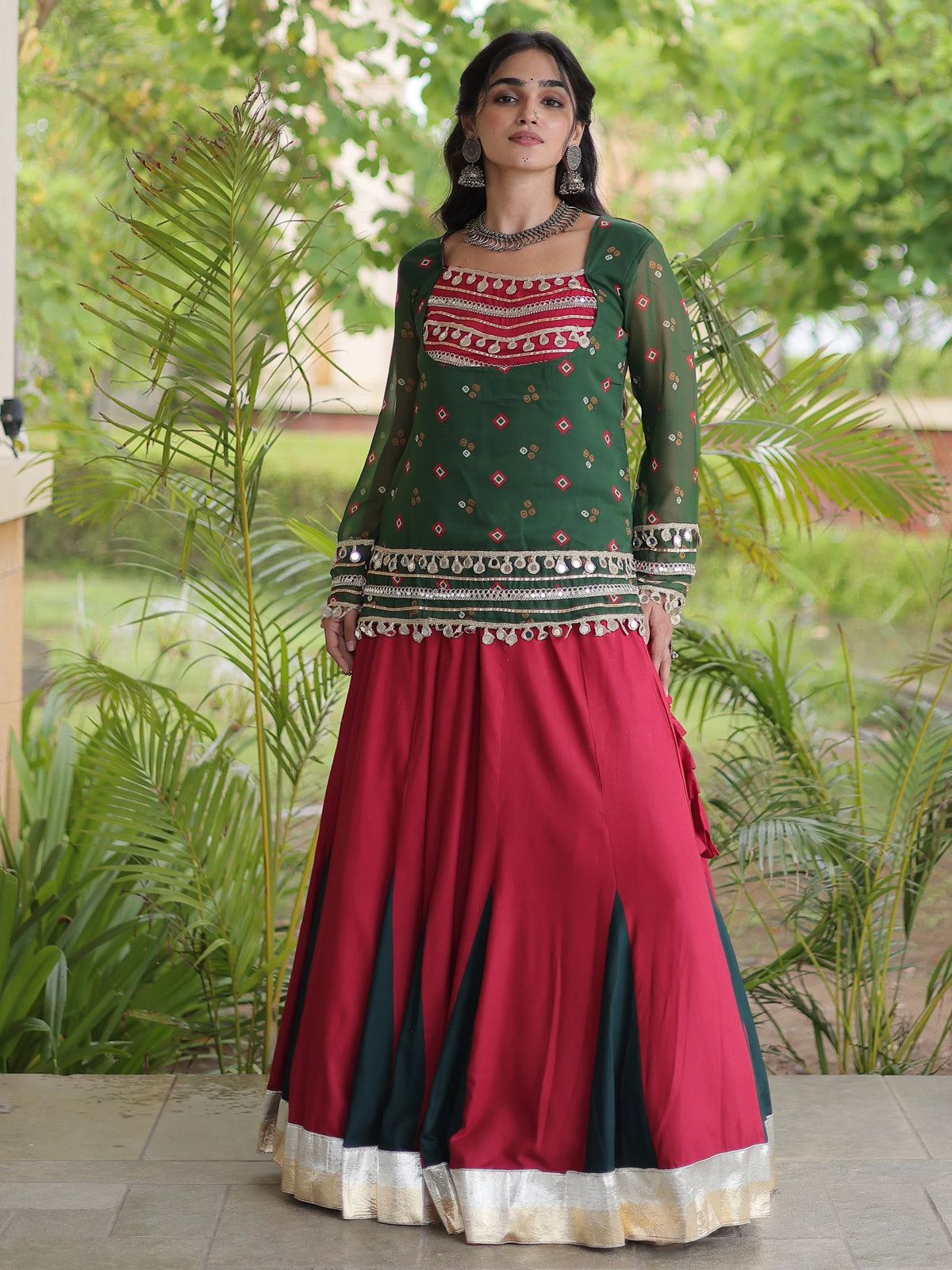 Regal Bottle Green Laced Rayon Navratri Wear Lehenga Choli With Jacket
