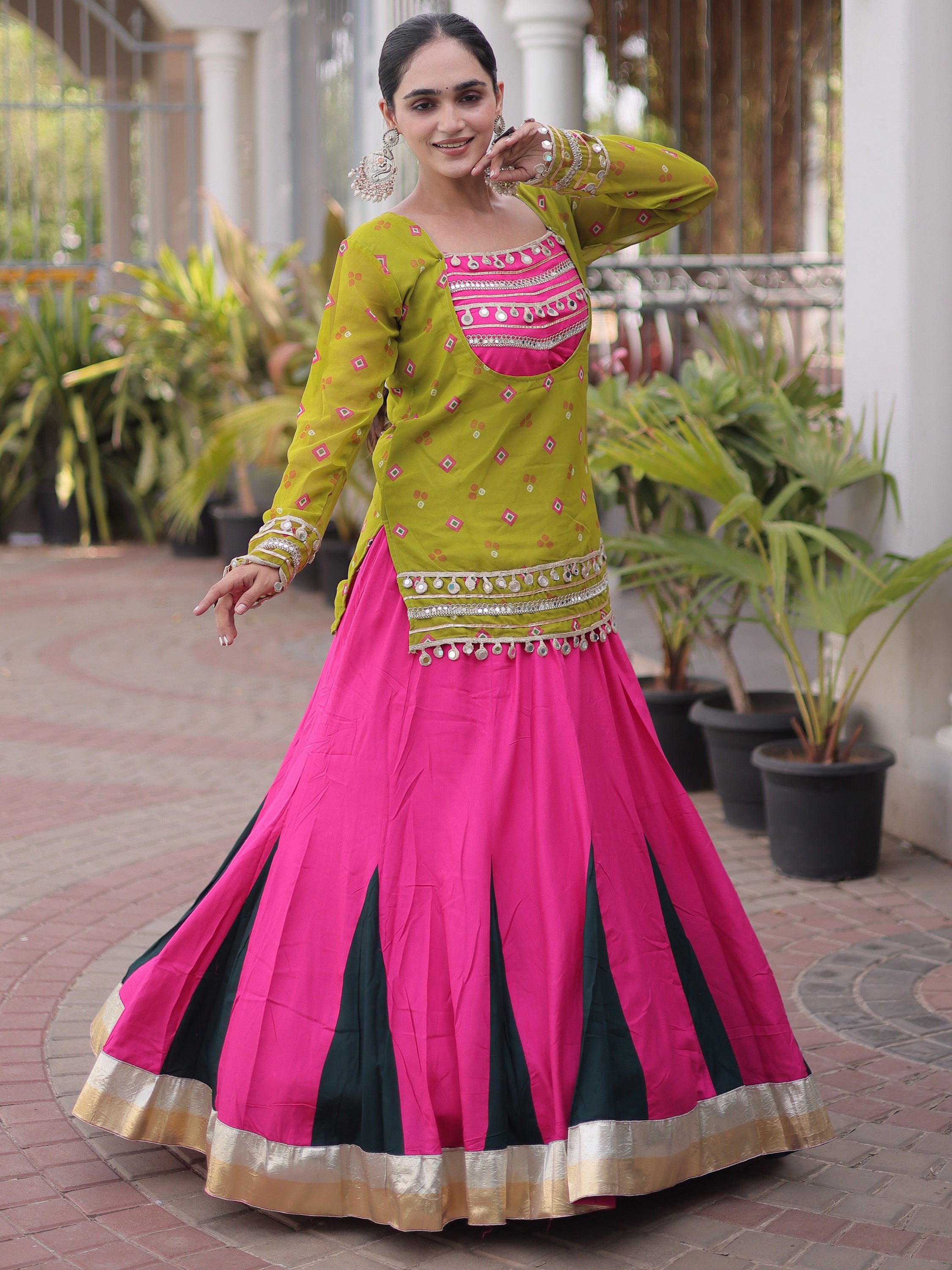 Classic Olive Green Mirror Laced Rayon Navratri Lehenga Choli With Jacket
