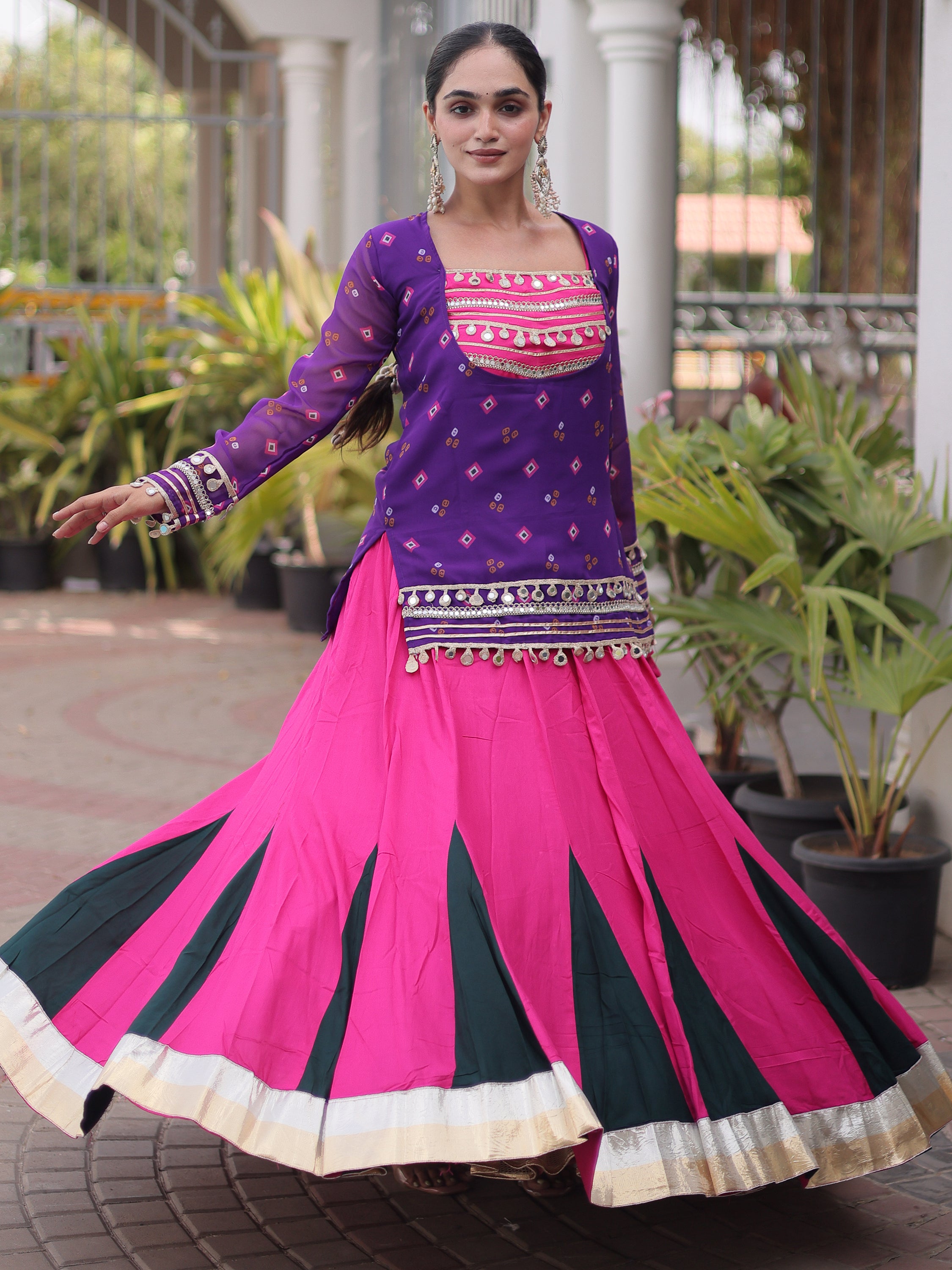 Lovable Purple Rayon Navratri Wear Lehenga Choli With Printed Jacket