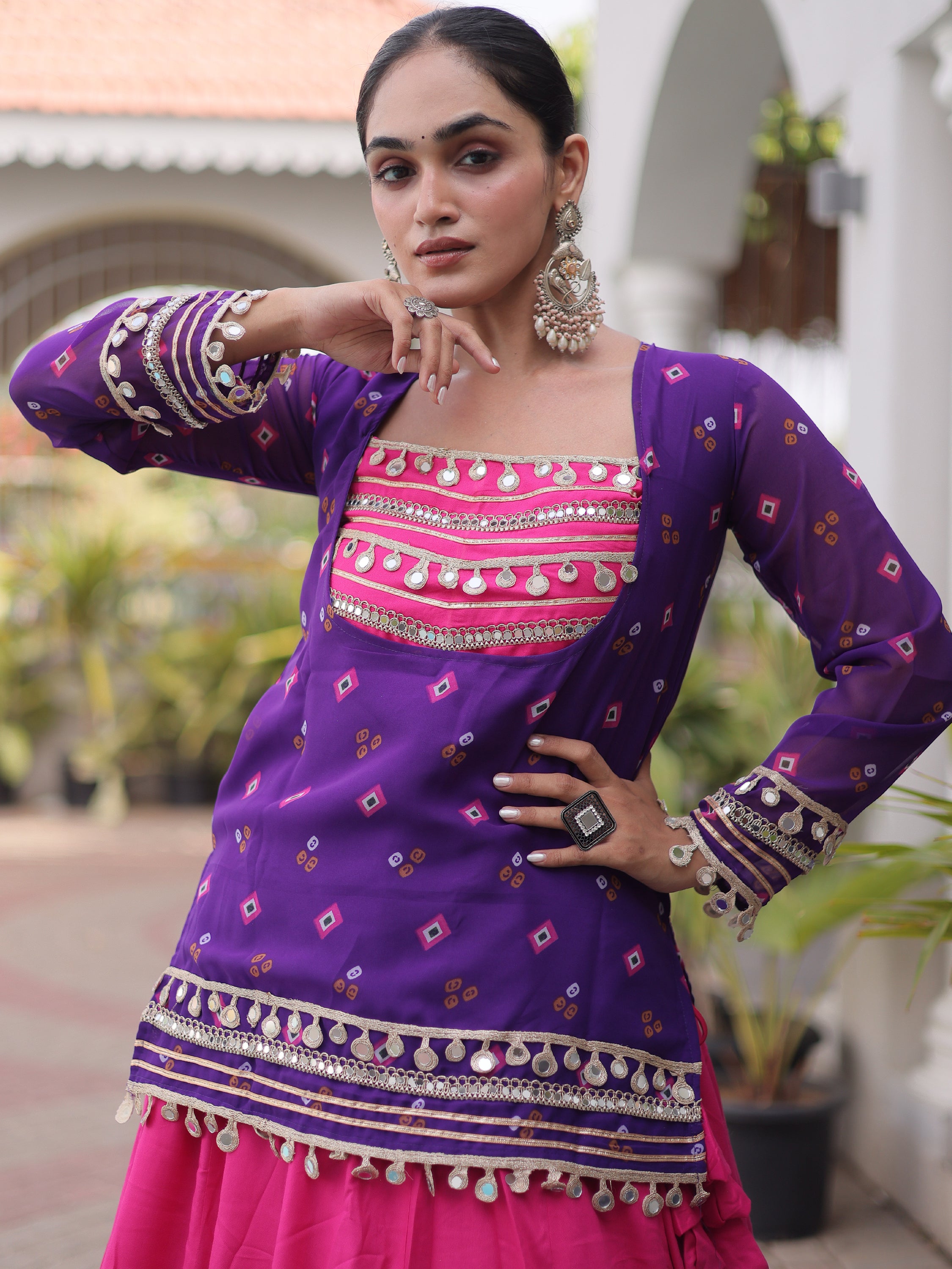 Lovable Purple Rayon Navratri Wear Lehenga Choli With Printed Jacket
