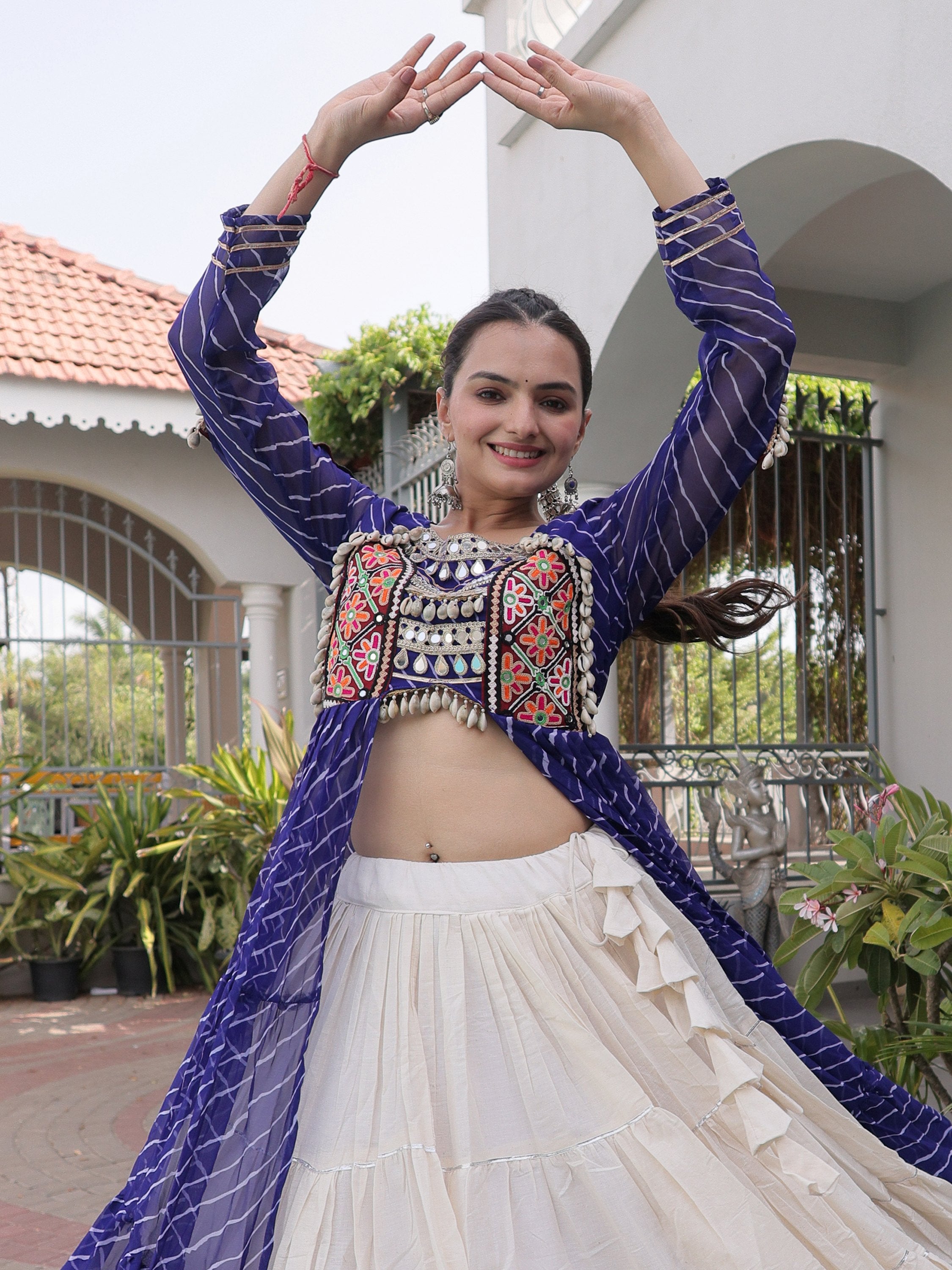 Magnetic Blue Kutchi Patch Work Cotton Navratri Wear Lehenga With Kurti