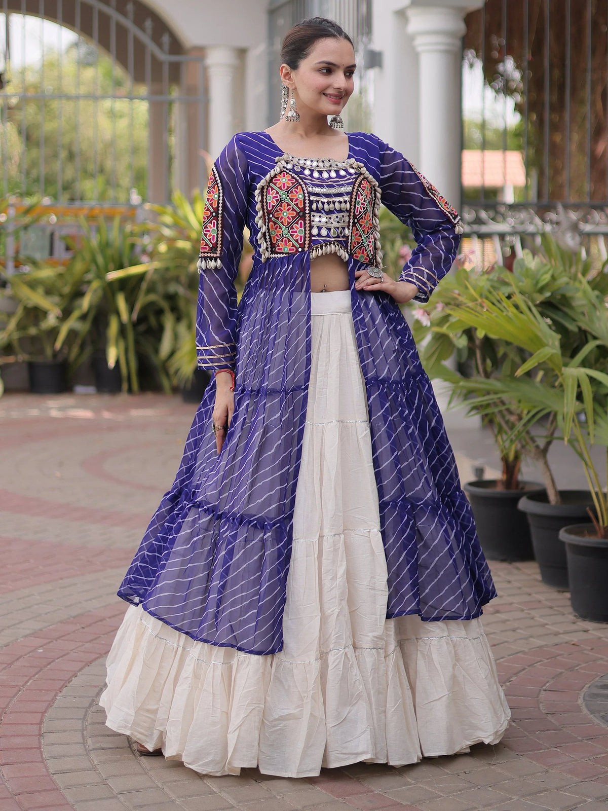 Magnetic Blue Kutchi Patch Work Cotton Navratri Wear Lehenga With Kurti