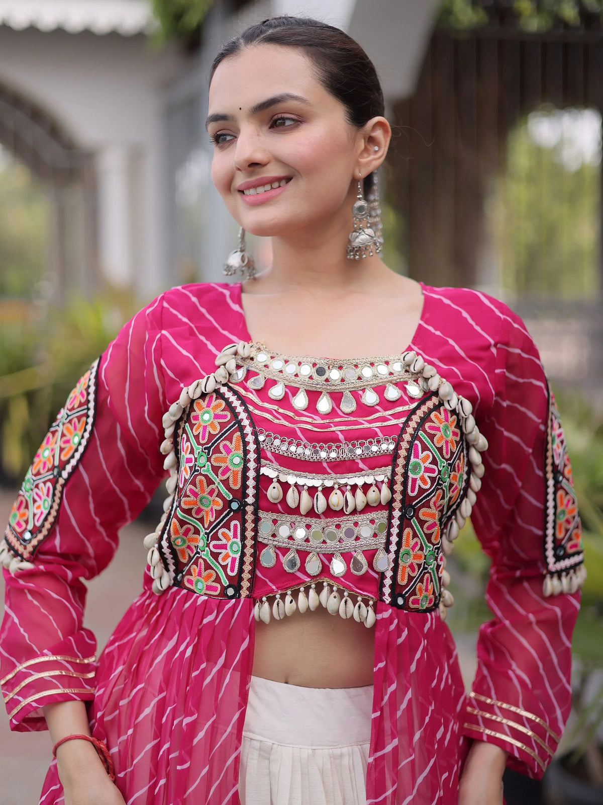 Splendid Pink Patch Work Cotton Navratri Special Lehenga With Kurti Set